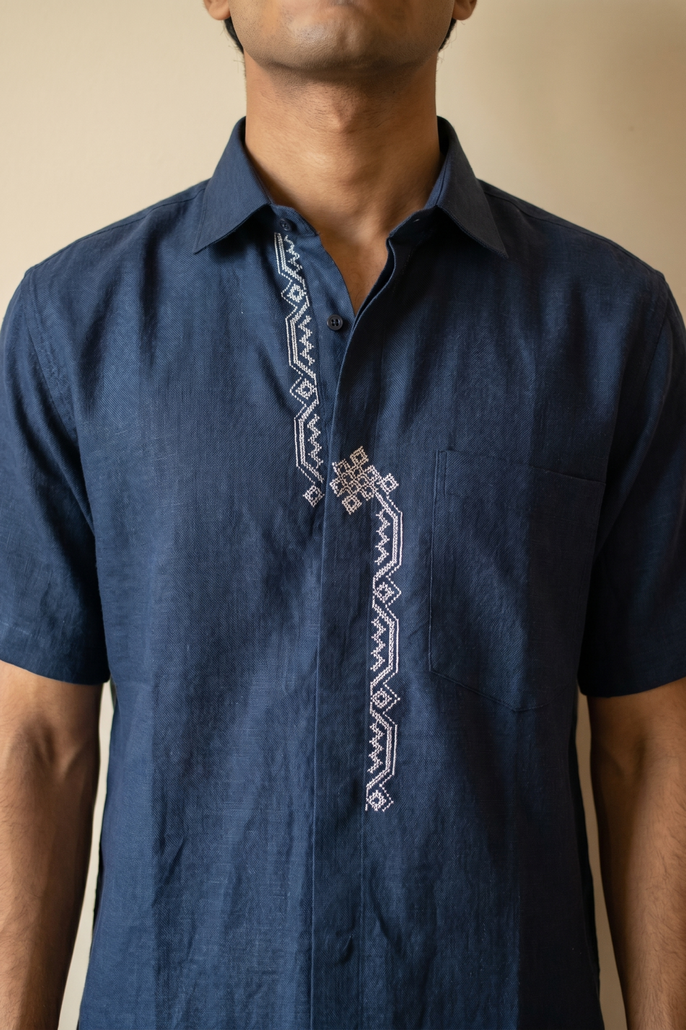 Blue Linen Shirt with Thread Embroidery