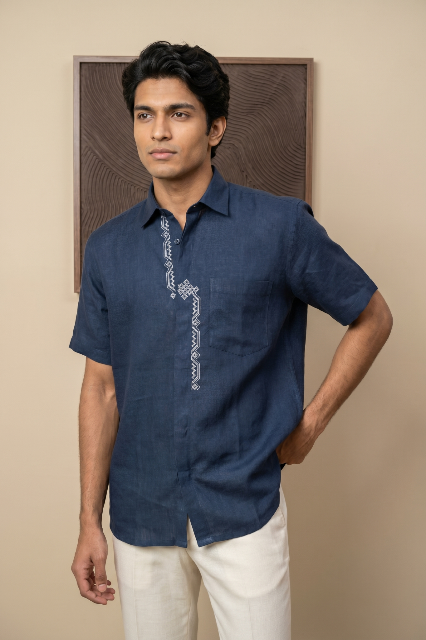 Blue Linen Shirt with Thread Embroidery