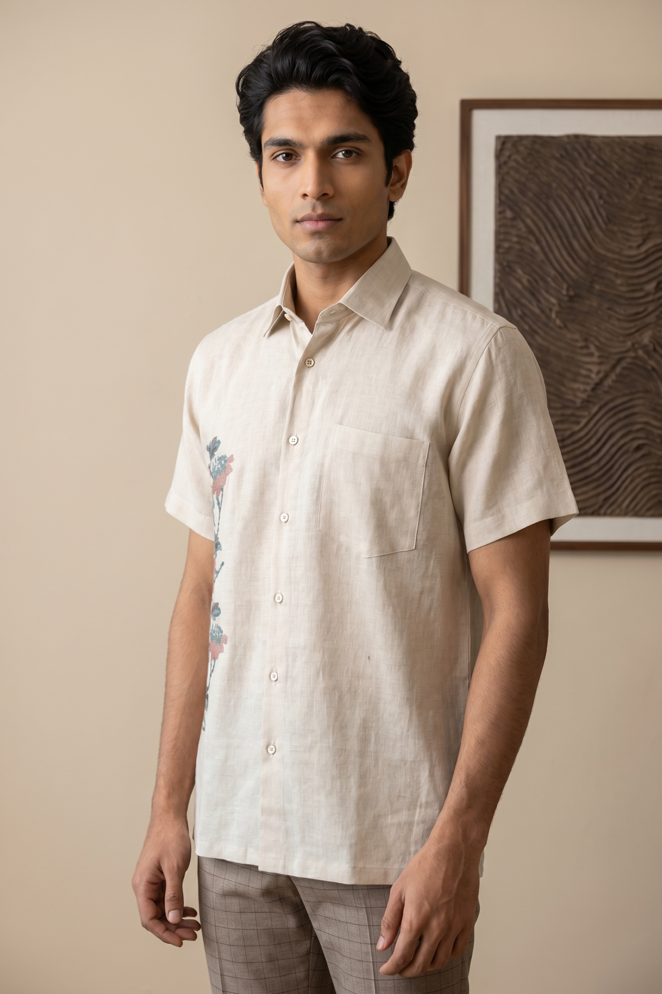 Light Peach Linen Shirt with Thread Work
