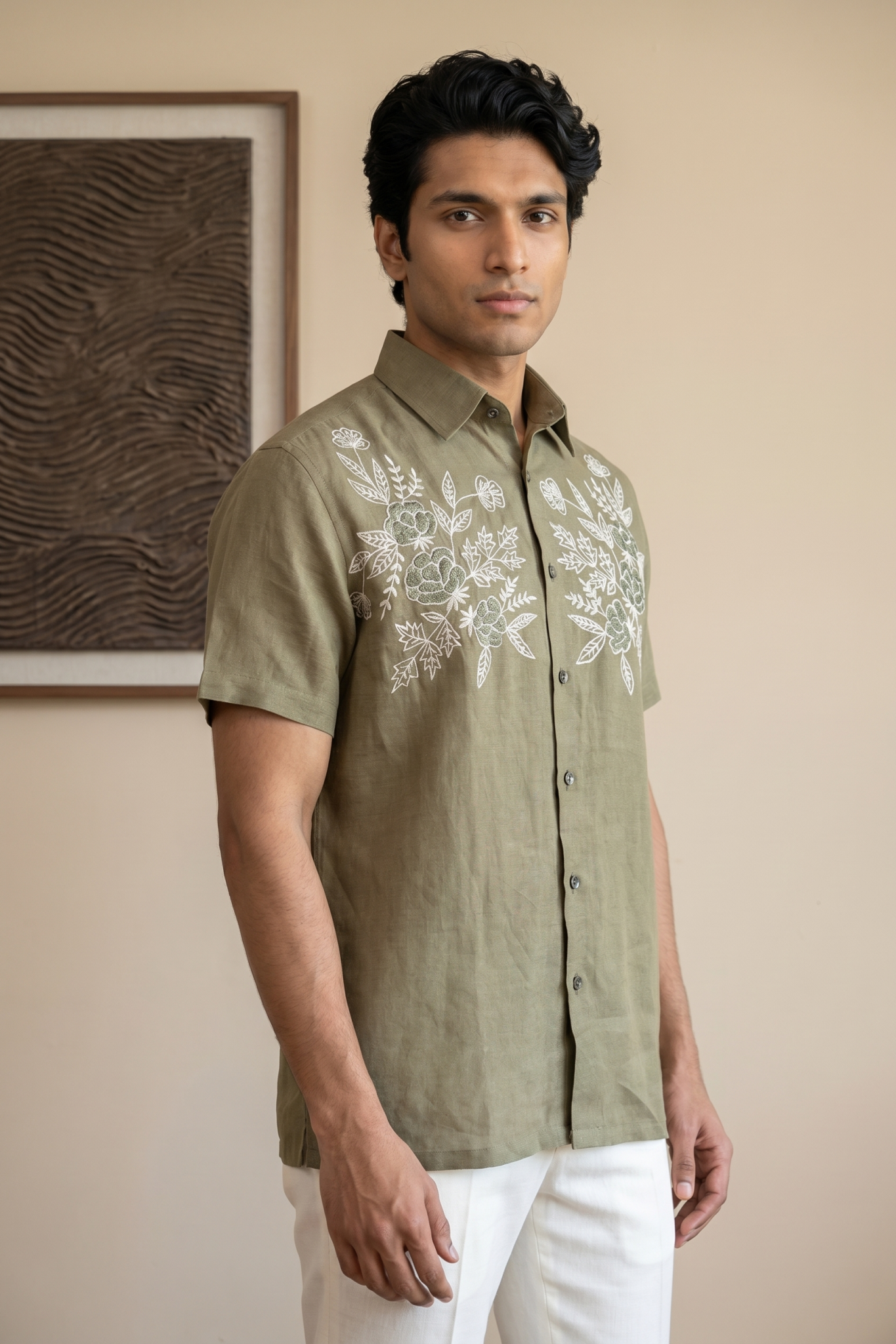 Light Green Linen Shirt with Thread Work