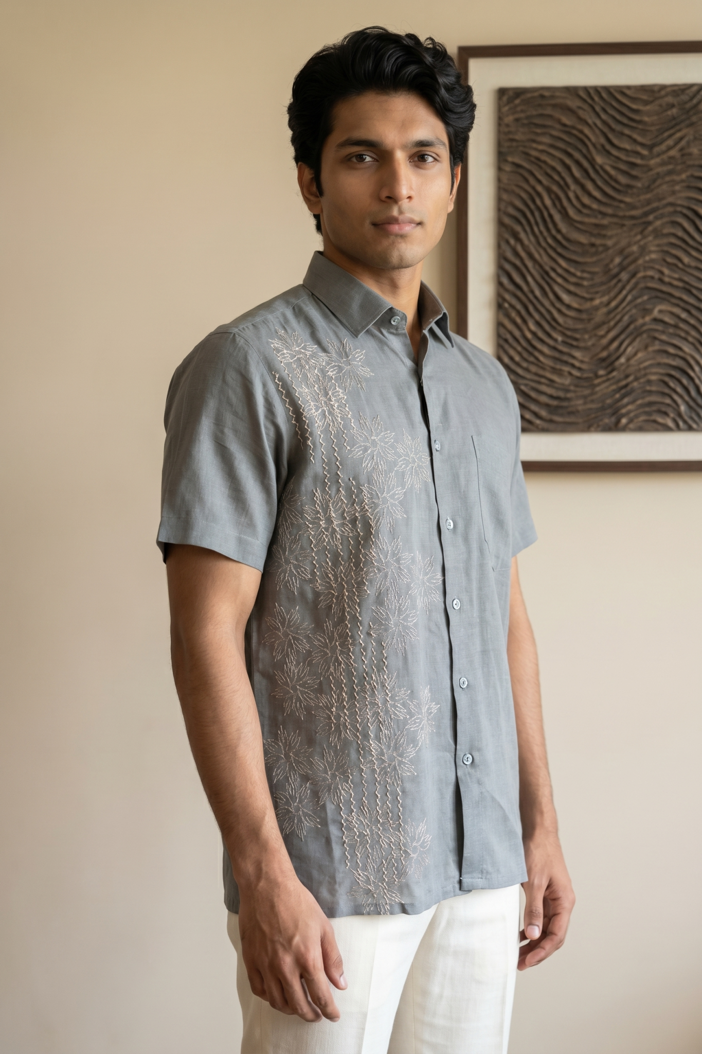 Light Grey Linen Shirt with Thread Work