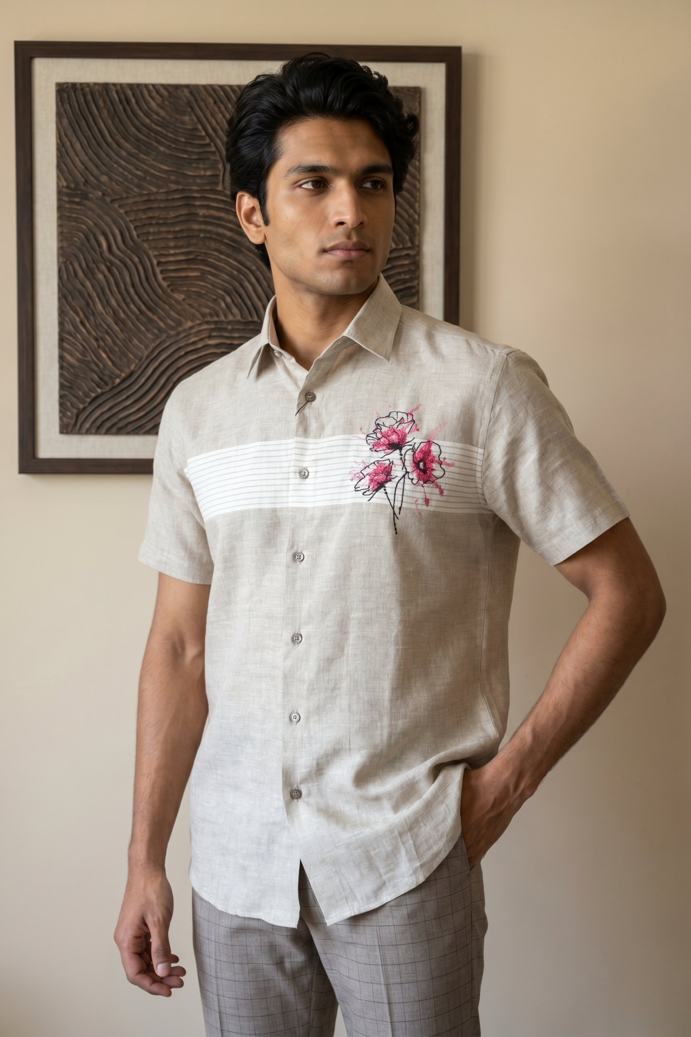 Beige Linen Shirt with Thread Embroidery