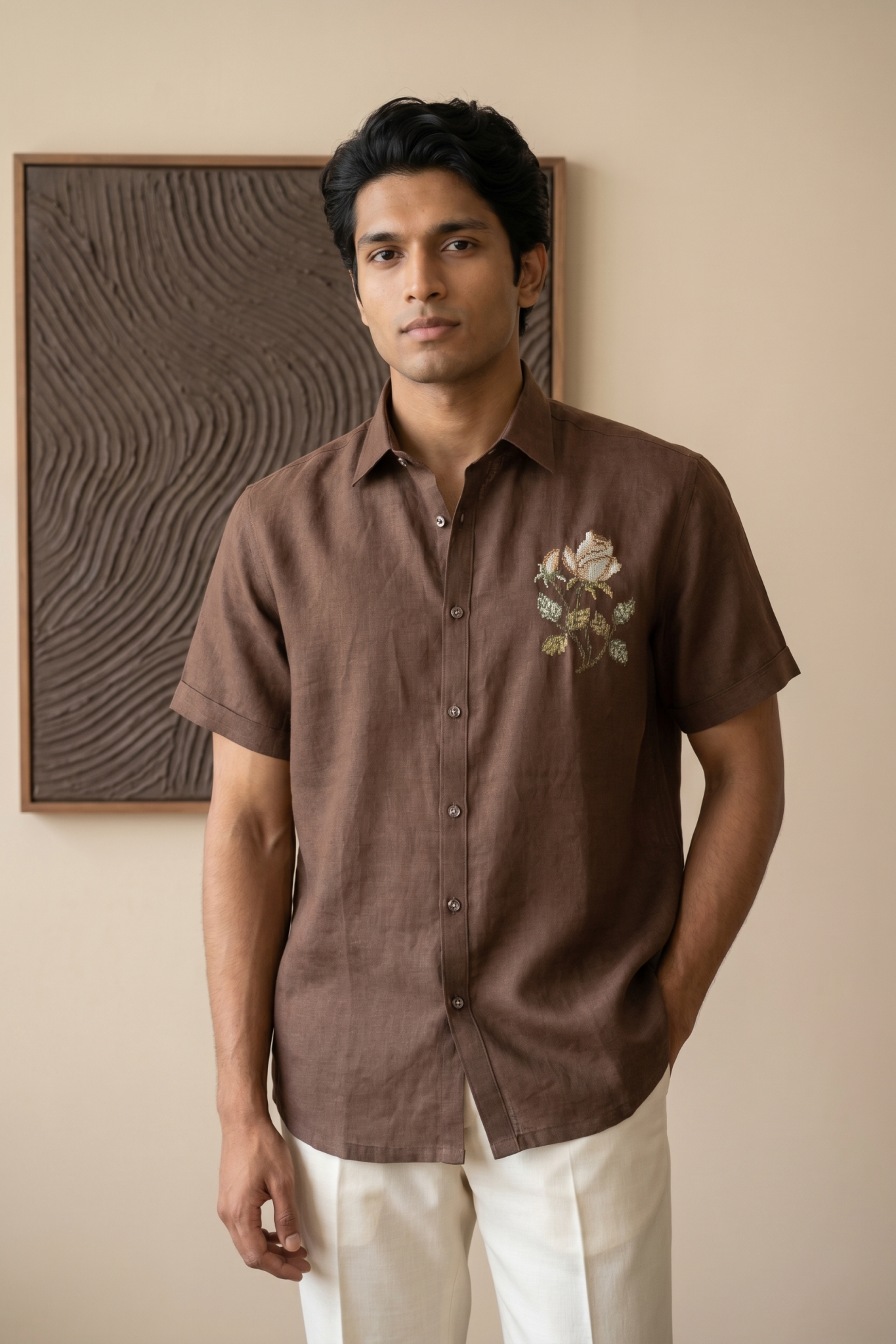 Brown Linen Shirt with Thread Work