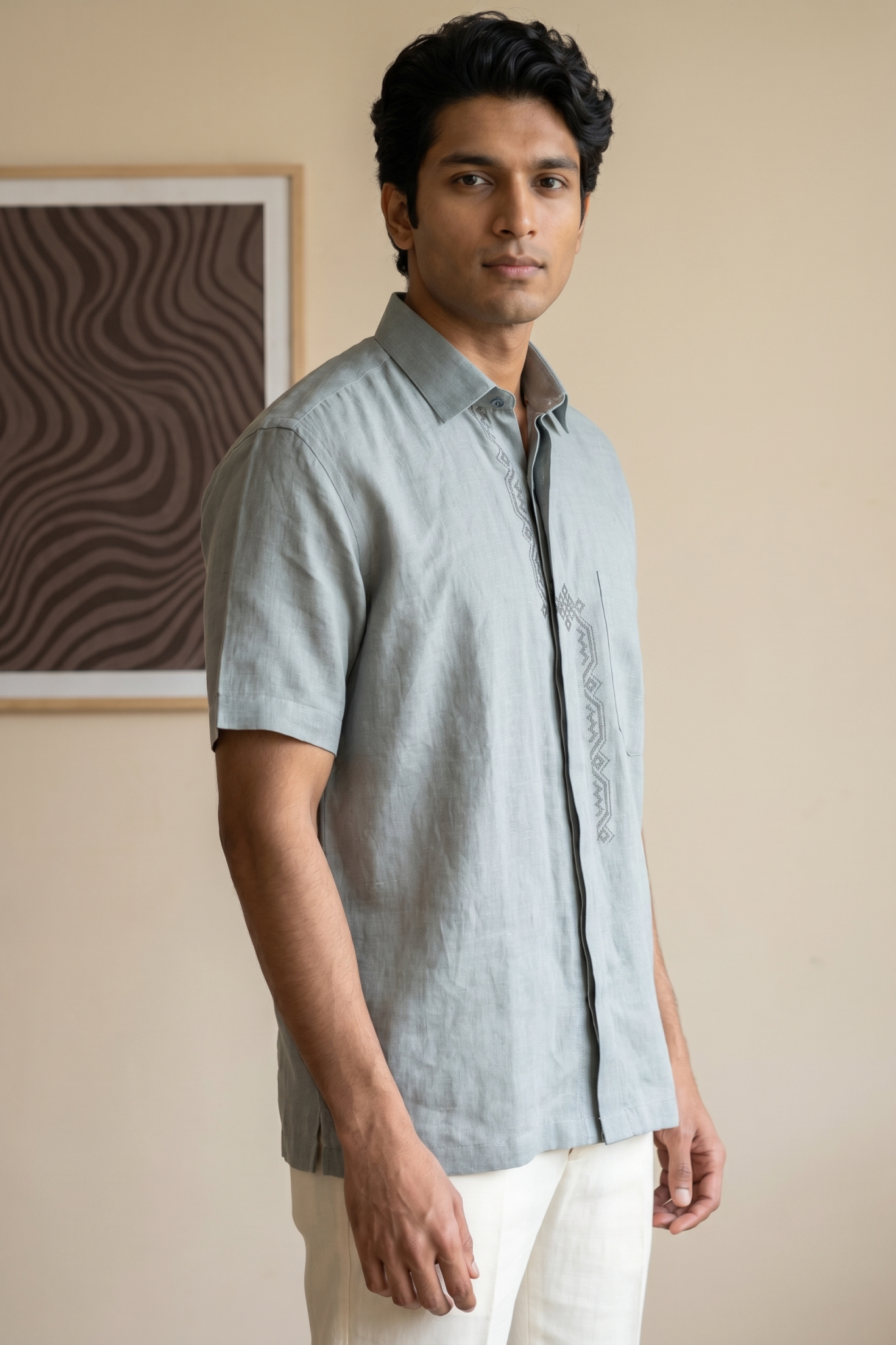Ice Blue Linen Shirt with Thread Work