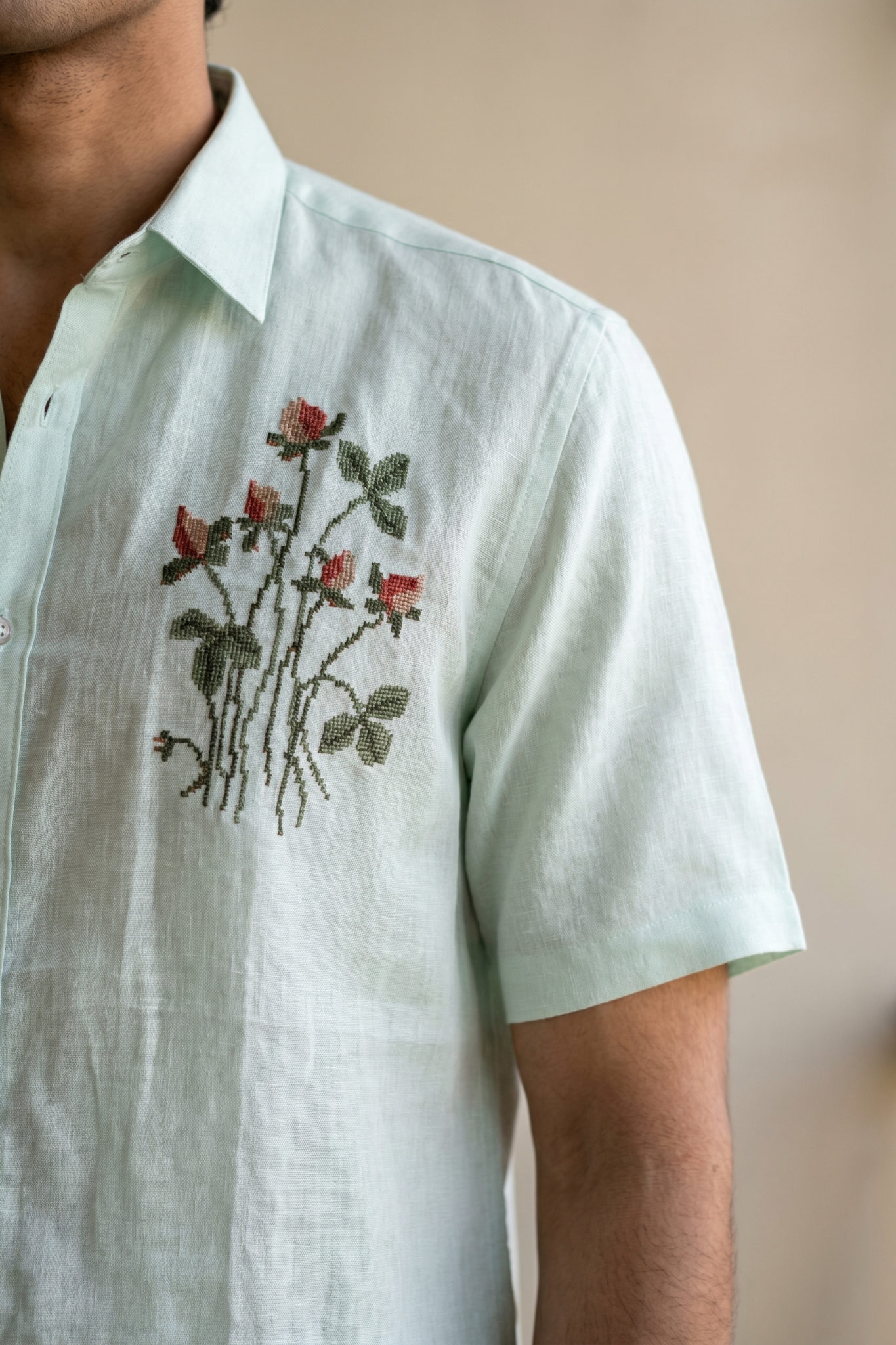 Mint Green Linen Shirt with Thread Work