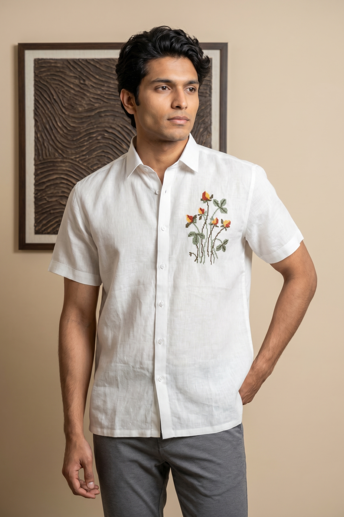 White Linen Shirt with Thread Work