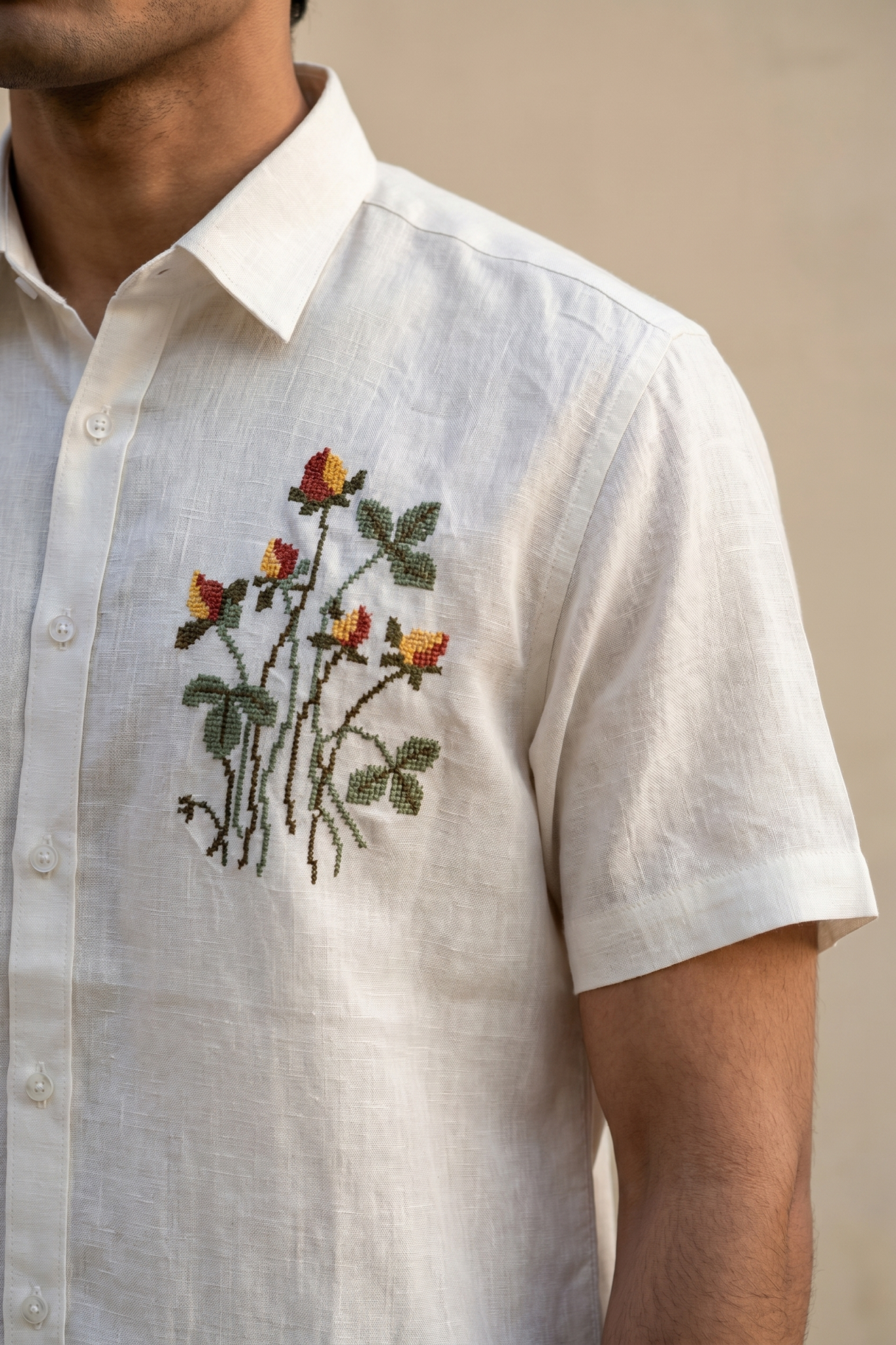 White Linen Shirt with Thread Work
