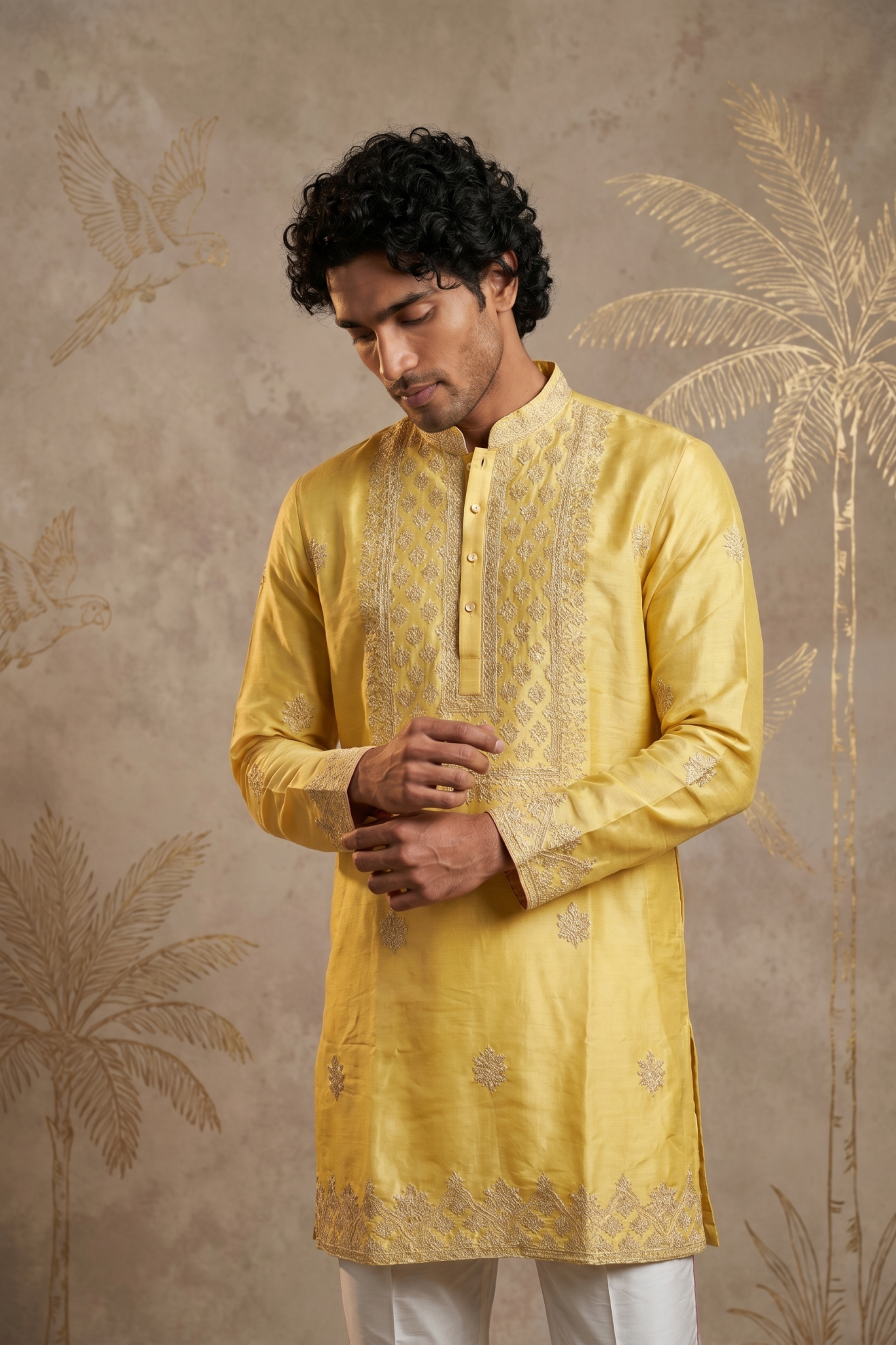 Yellow Chanderi Silk Kurta Set with Thread and Zari Embroidery