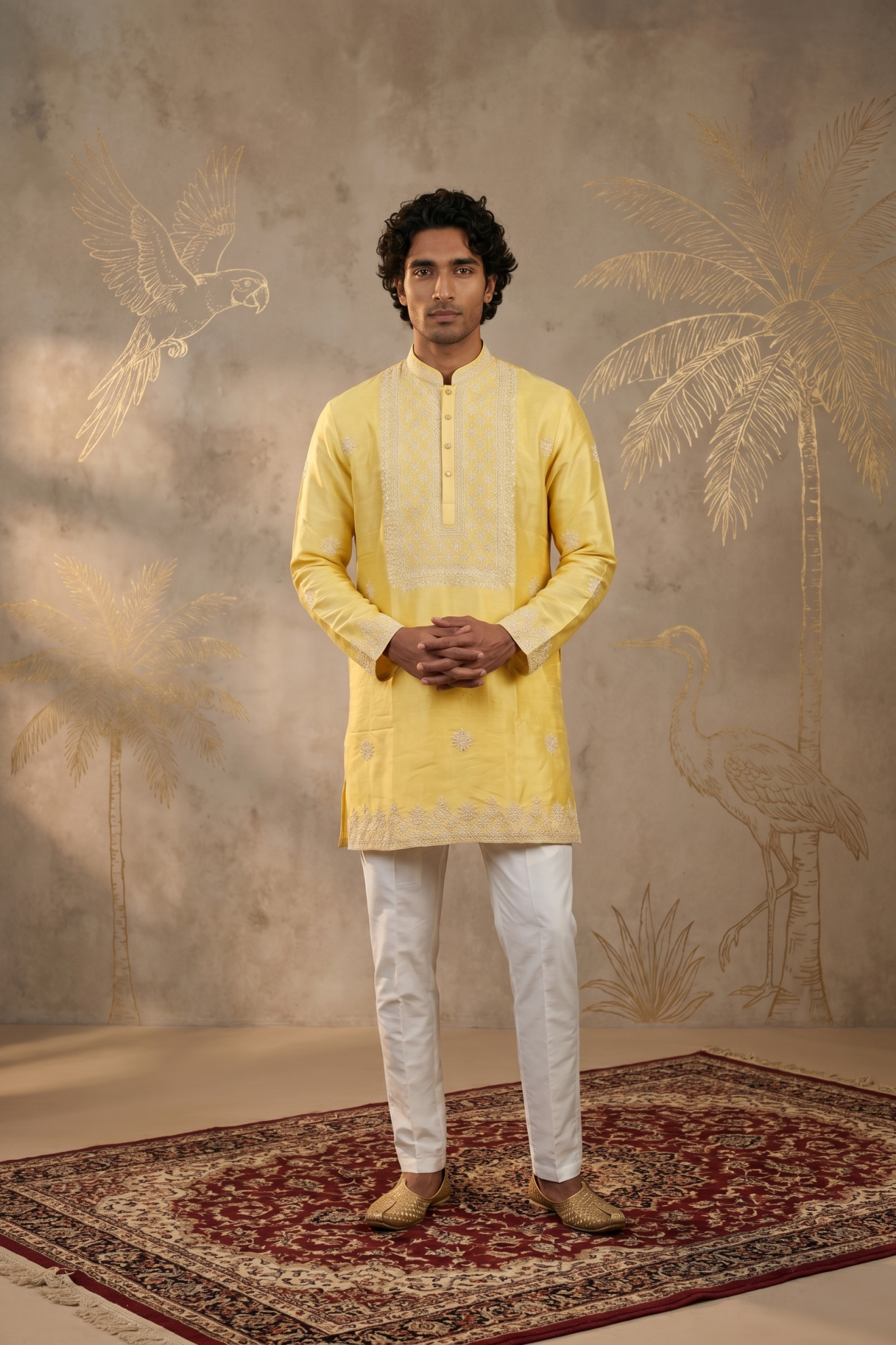 Yellow Chanderi Silk Kurta Set with Thread and Zari Embroidery