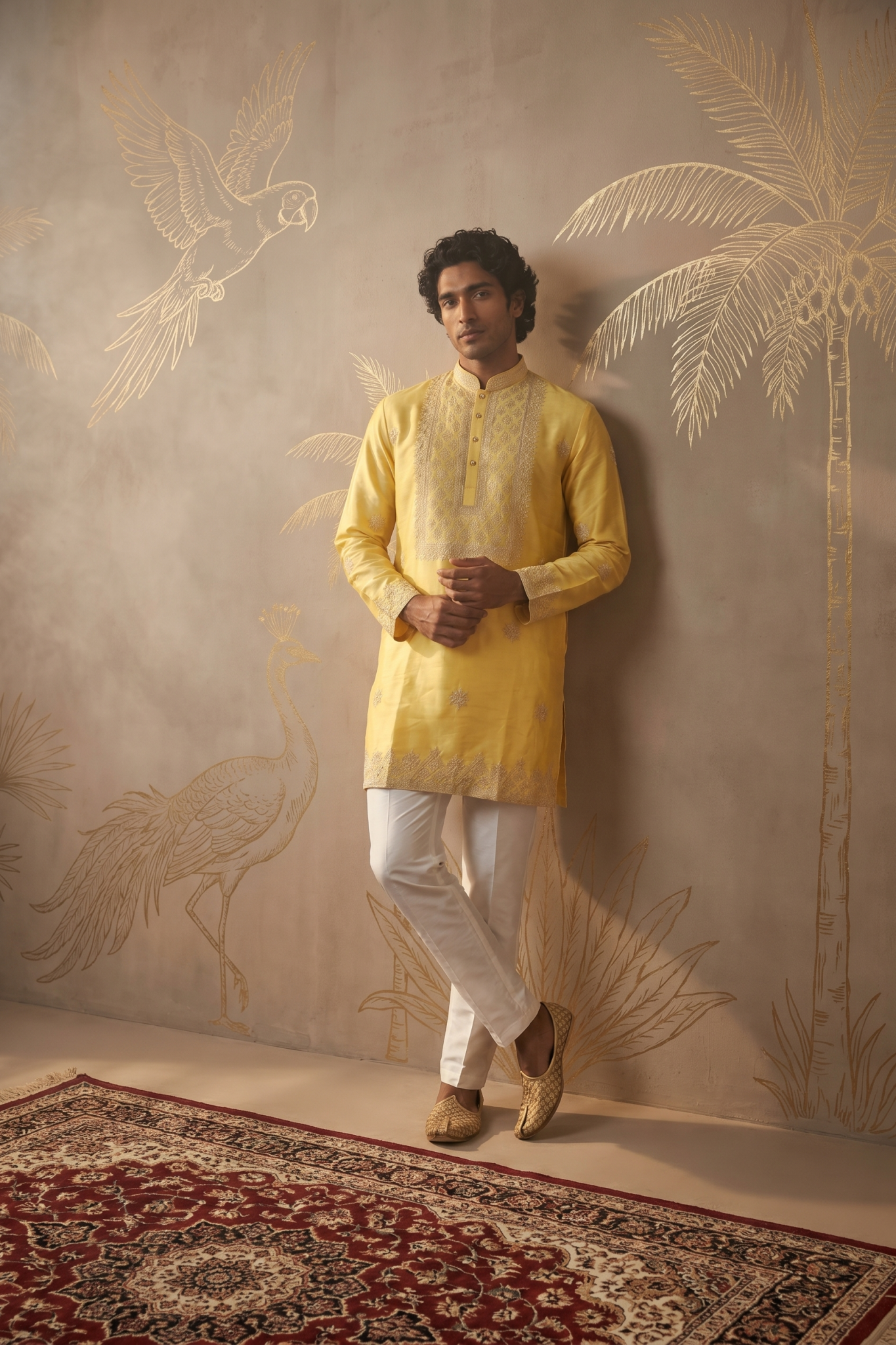 Yellow Chanderi Silk Kurta Set with Thread and Zari Embroidery