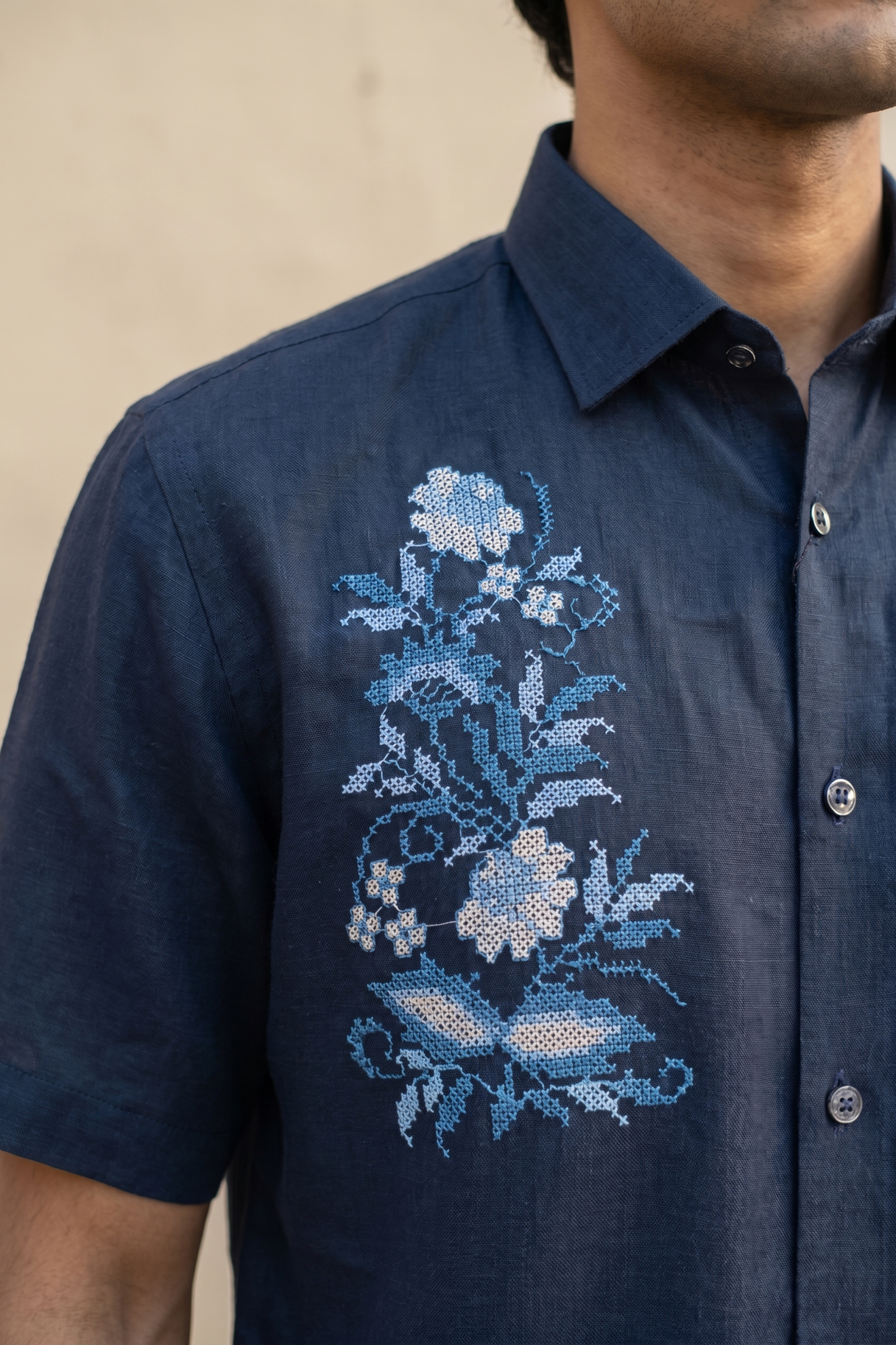 Navy Blue Linen Shirt with Thread Work