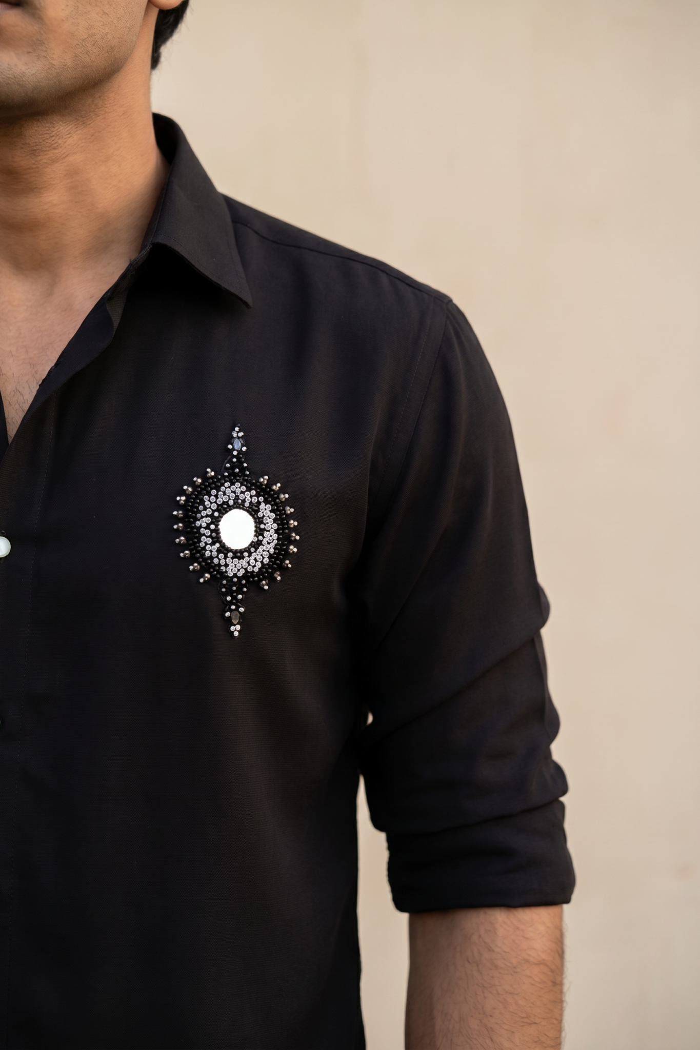Black Bom Mario Shirt with Cutdana & Bead Work