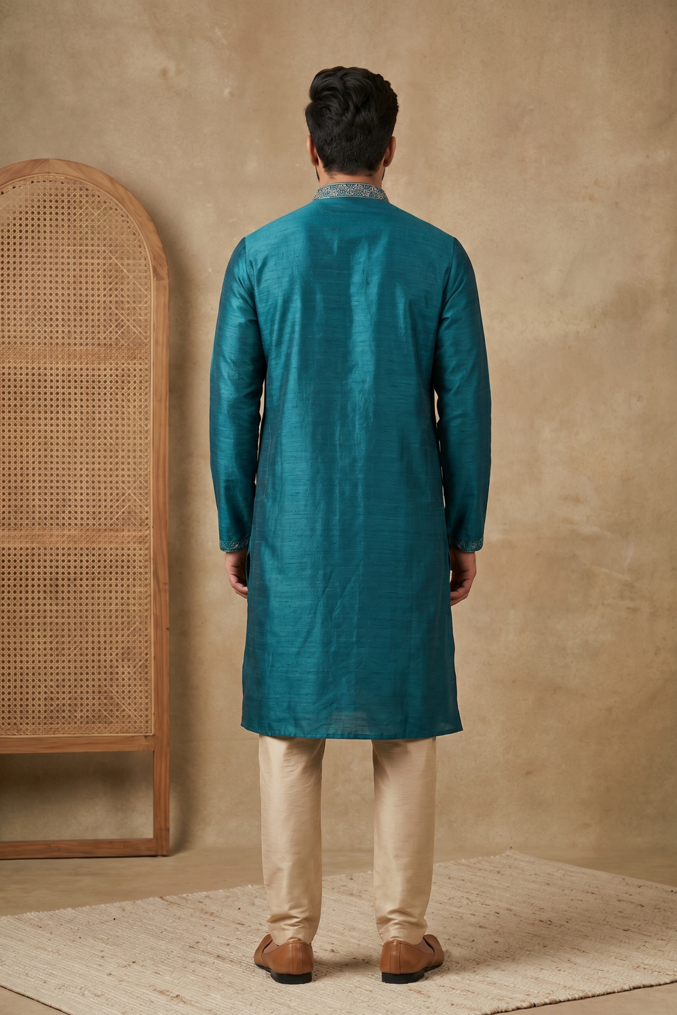 Peacock Blue Raw Silk Kurta Set with Thread Work
