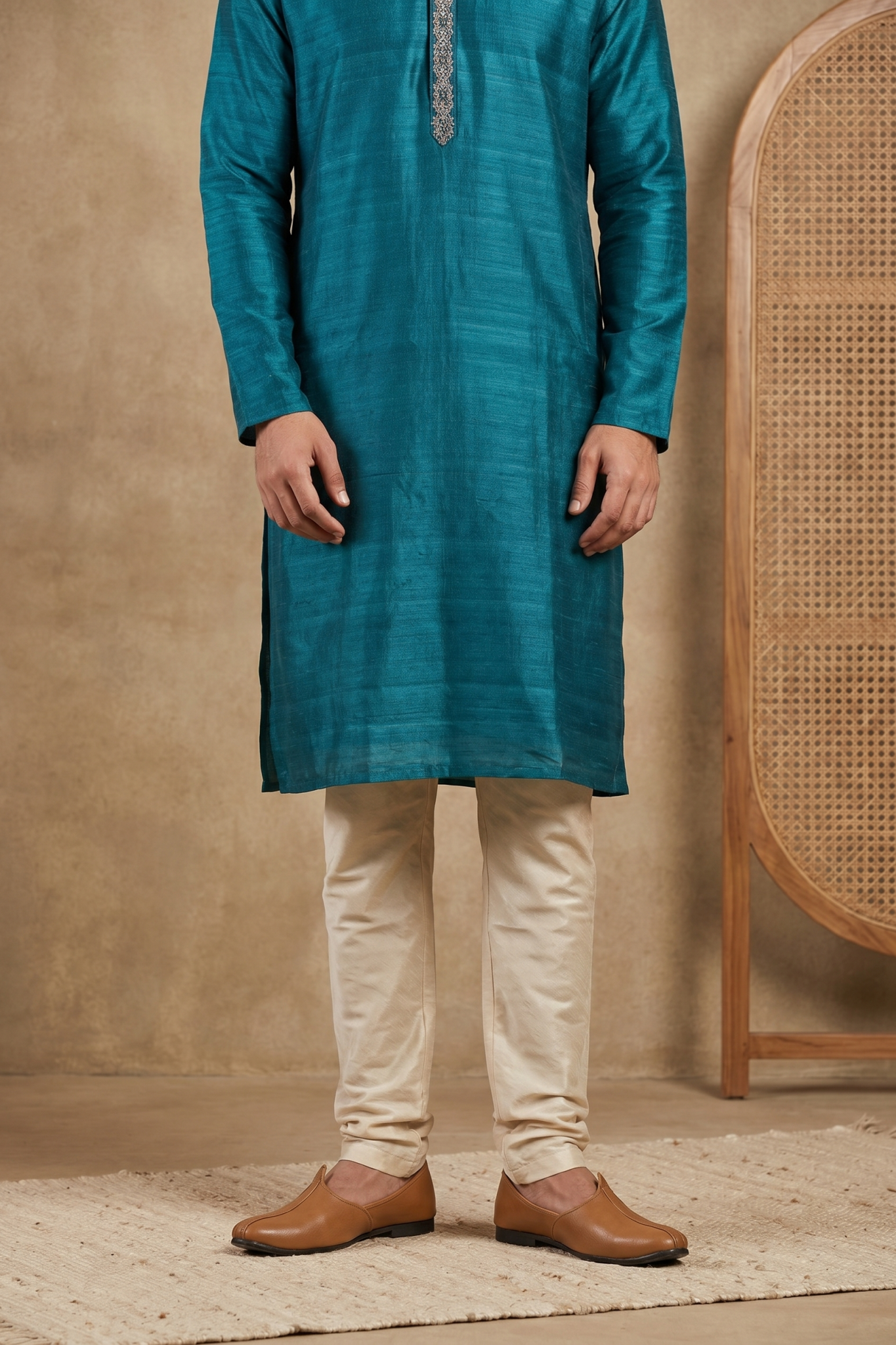 Peacock Blue Raw Silk Kurta Set with Thread Work