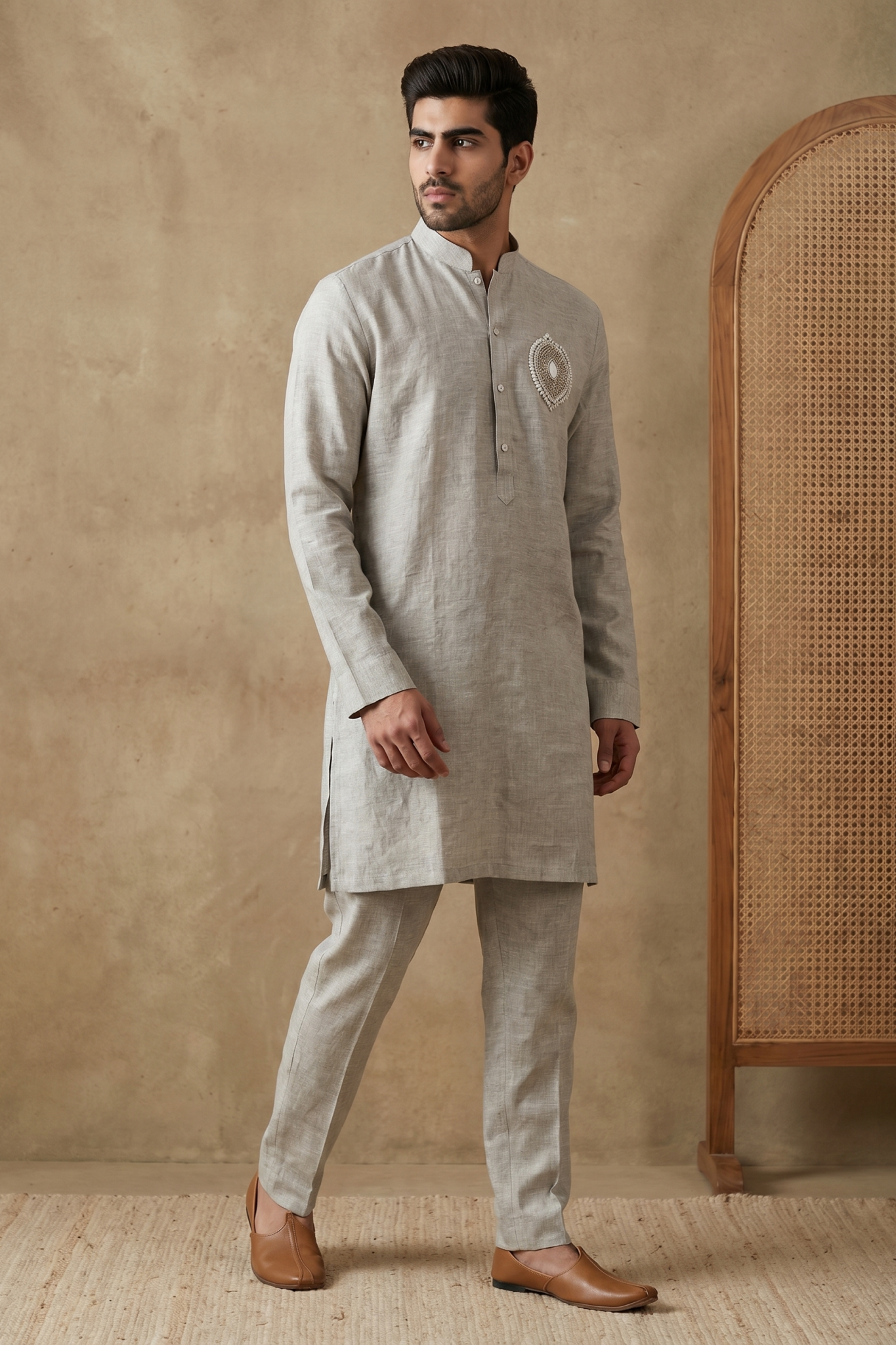 Cream Linen Kurta Set with French Knot & Pearl Work