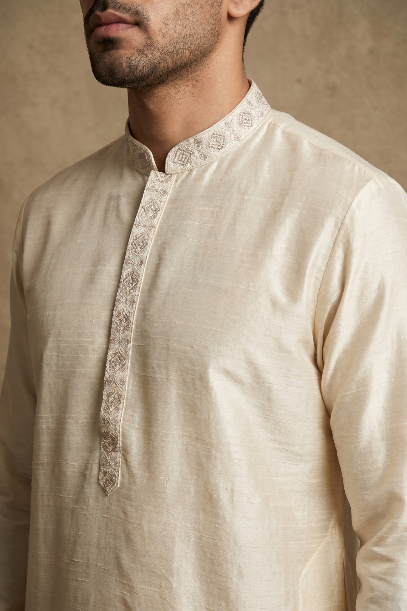 Cream Raw Silk Kurta Set with Thread Work