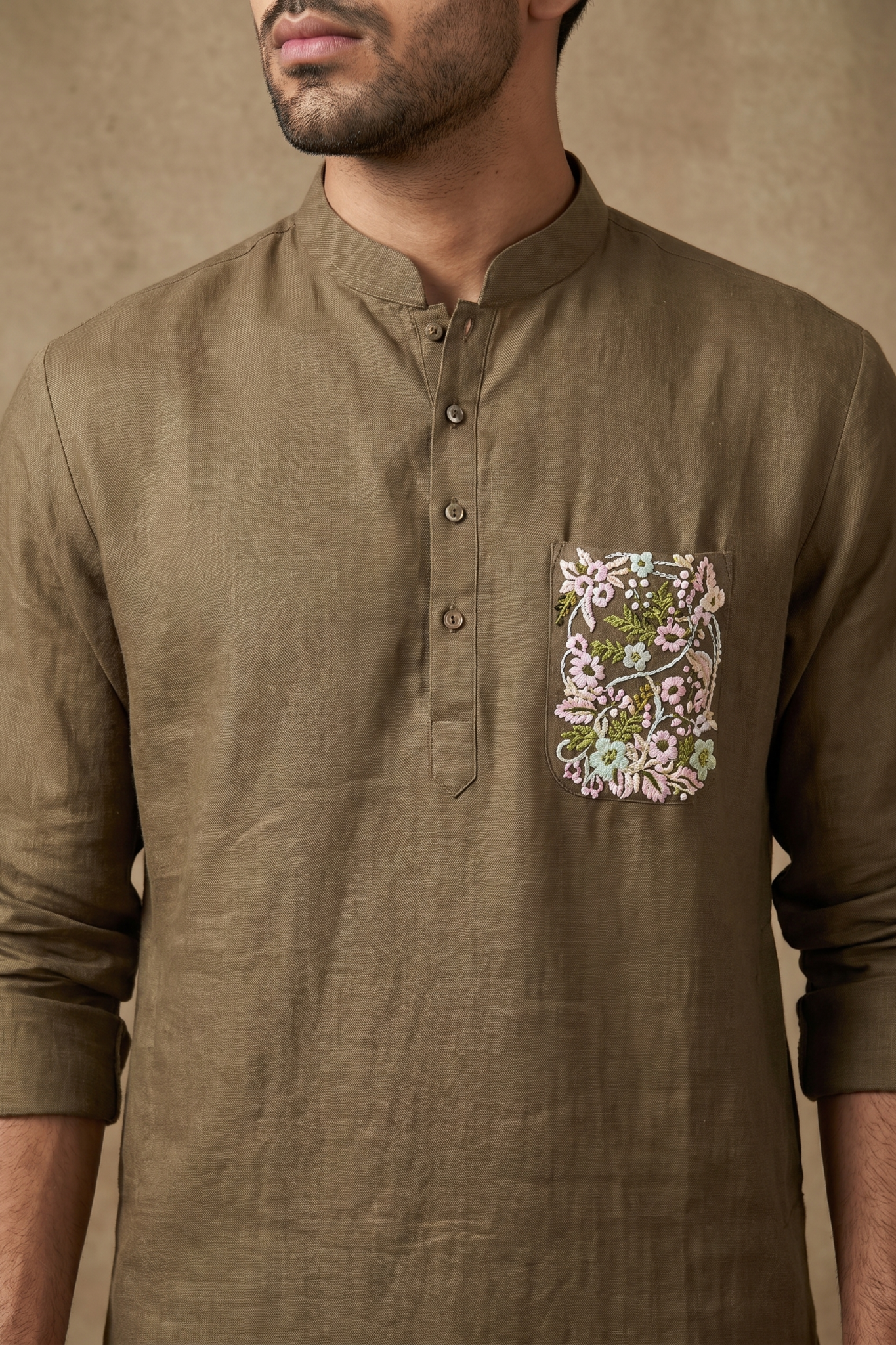 Light Brown Linen Kurta Set with Thread Work