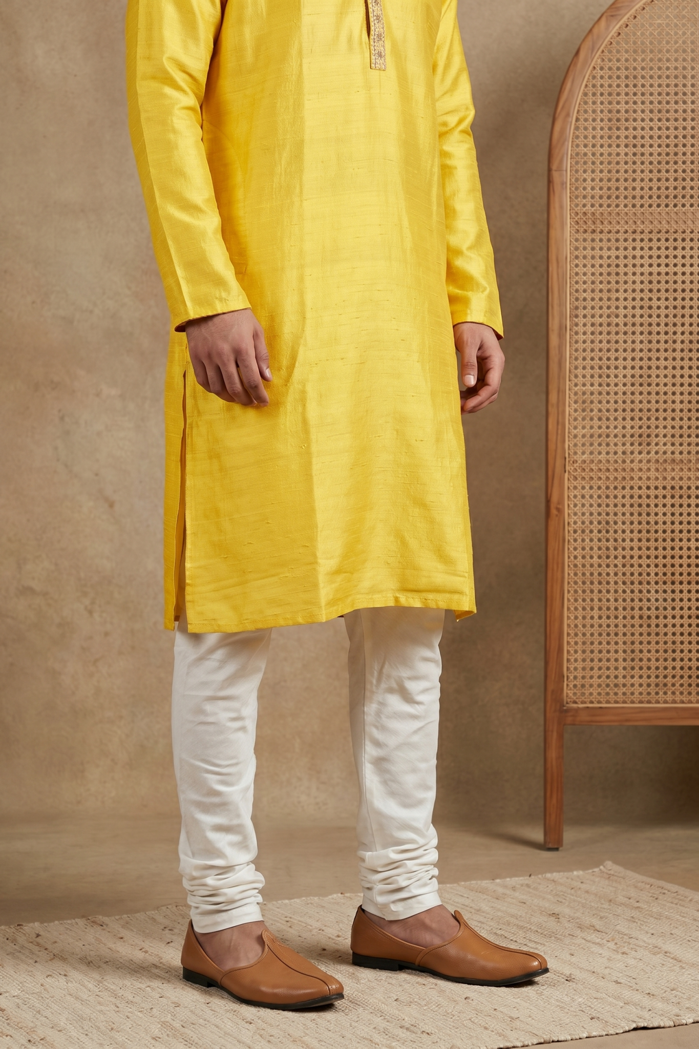 Yellow Raw Silk Kurta Set with Thread Work
