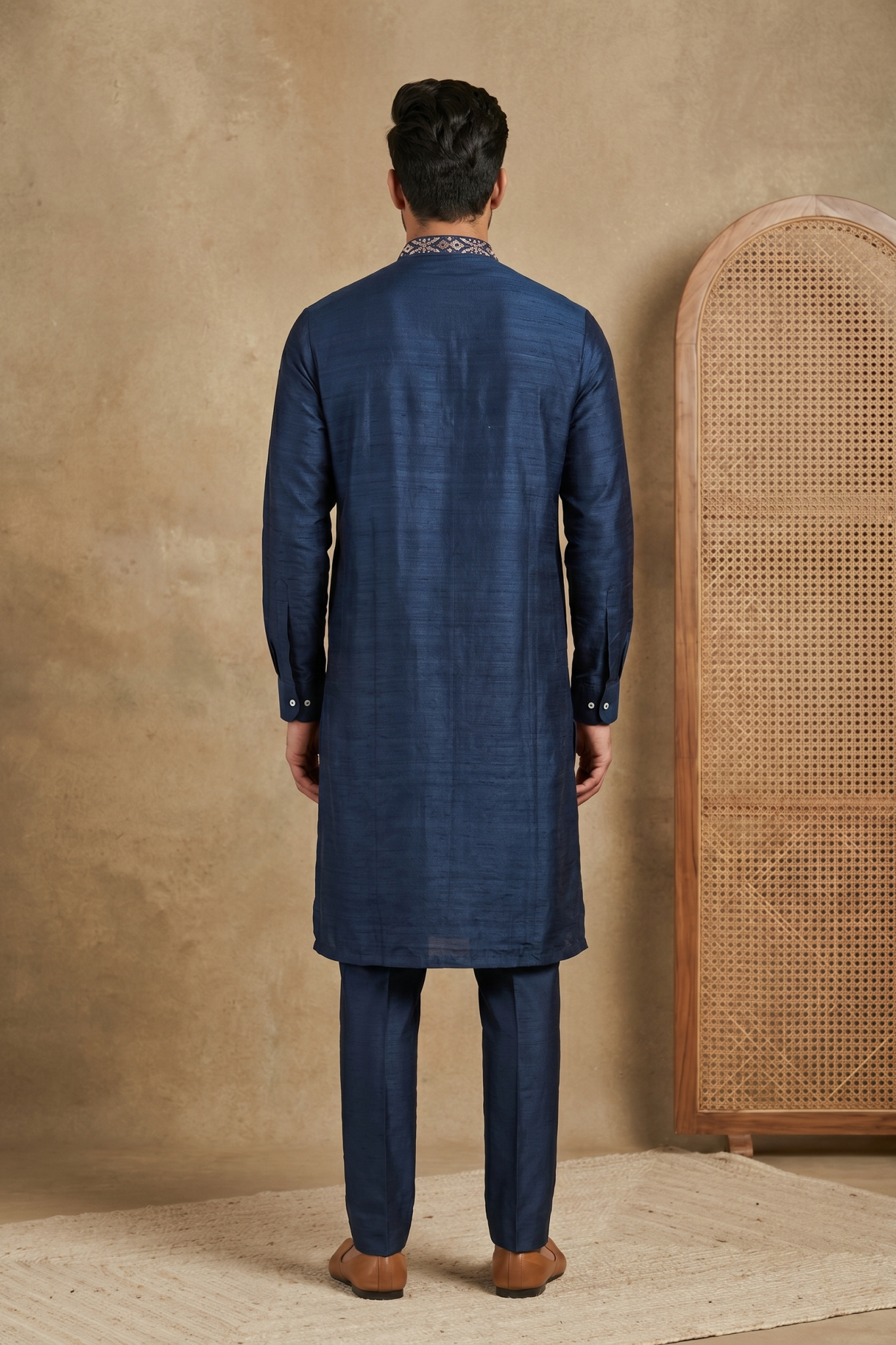 Navy Blue Raw Silk Kurta Set with Thread Work