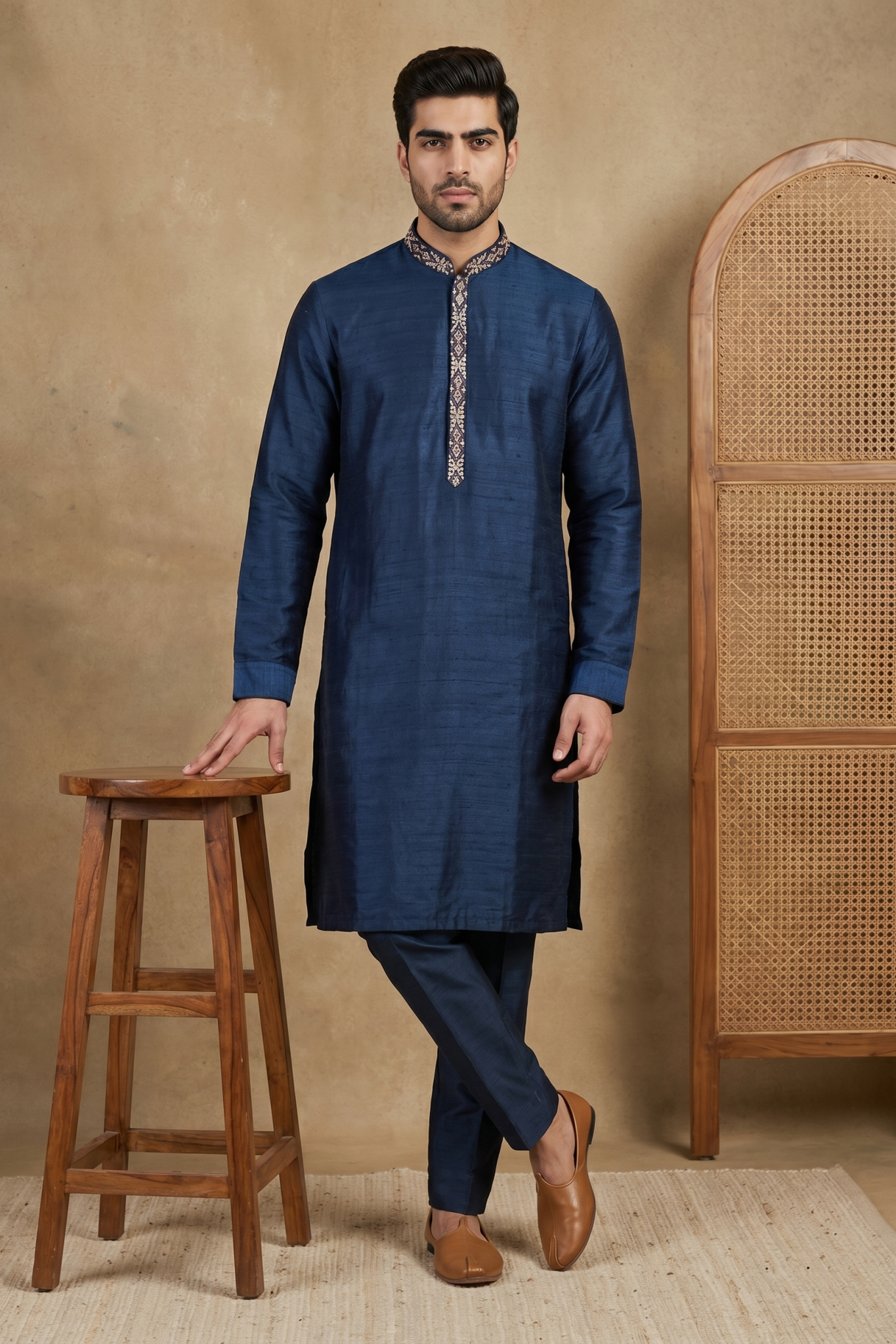 Navy Blue Raw Silk Kurta Set with Thread Work