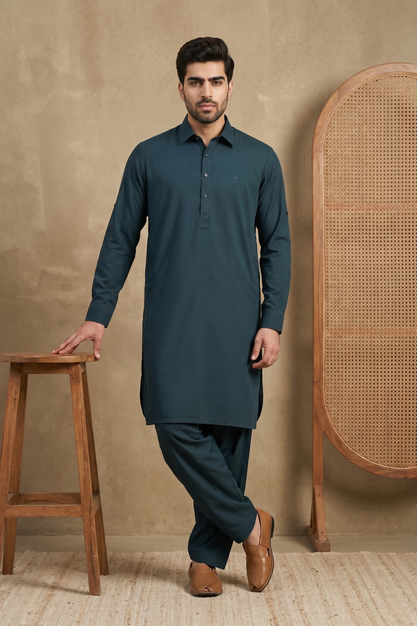 Bottle Green Cotton Satin Pathani Set