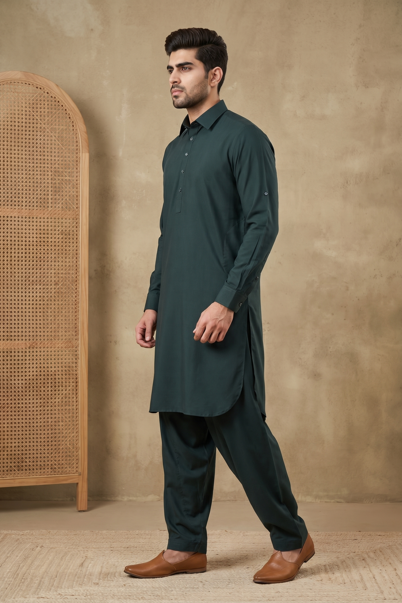 Bottle Green Cotton Satin Pathani Set