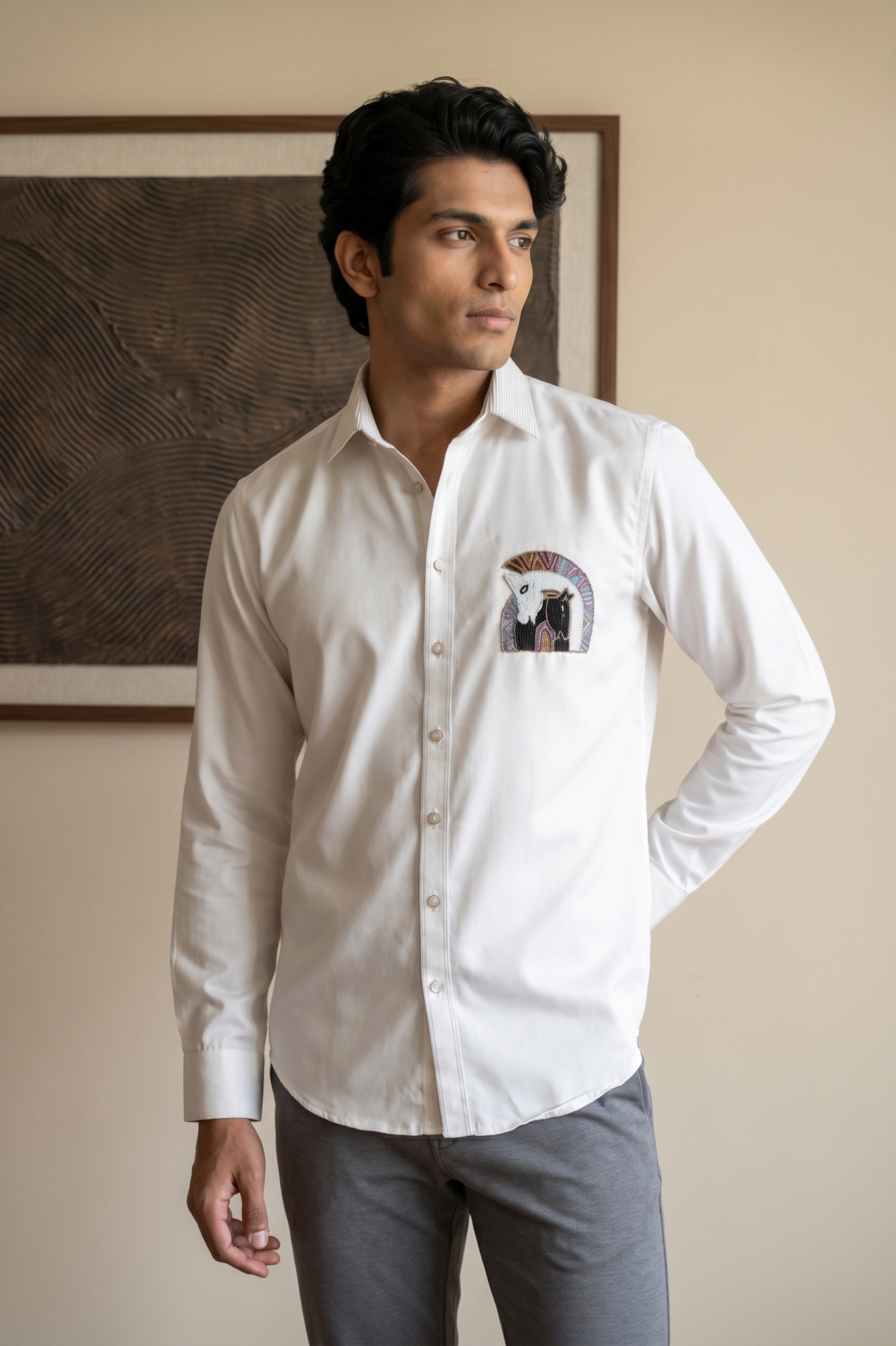 Off White Cotton Shirt with Moti & Embroidery Work