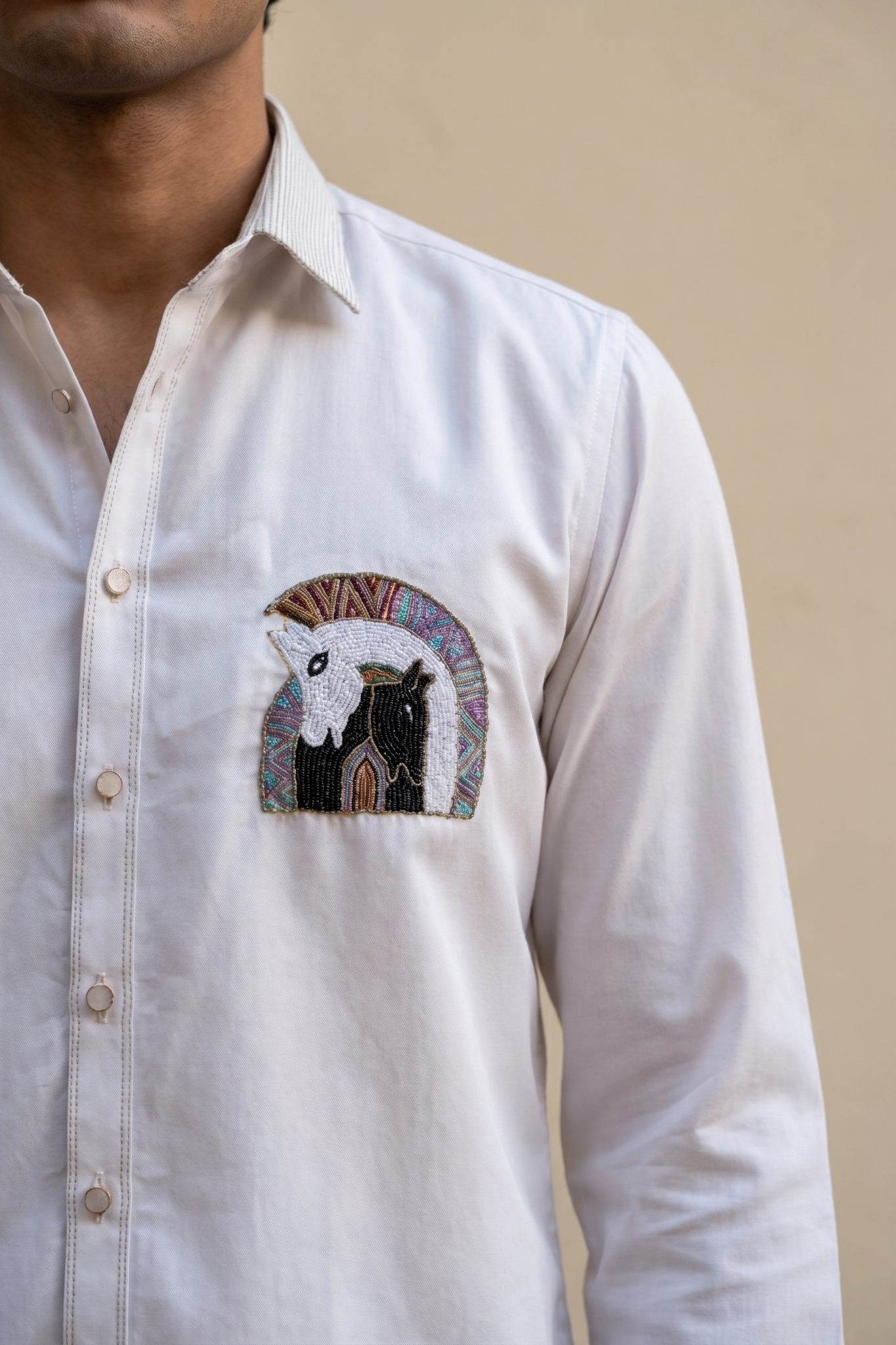 Off White Cotton Shirt with Moti & Embroidery Work