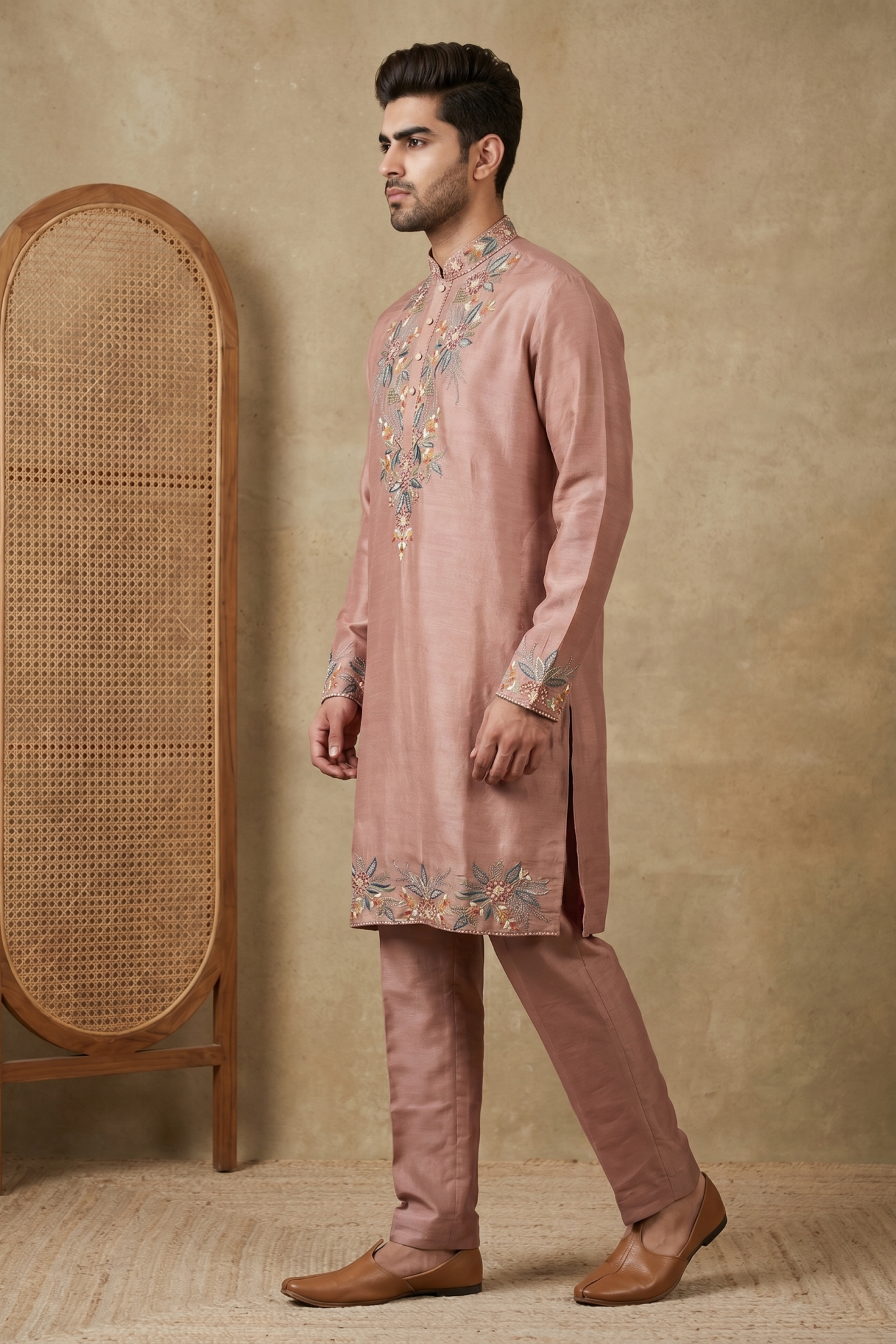 Onion Pink Chanderi Silk Kurta Set with Mirror Embroidery