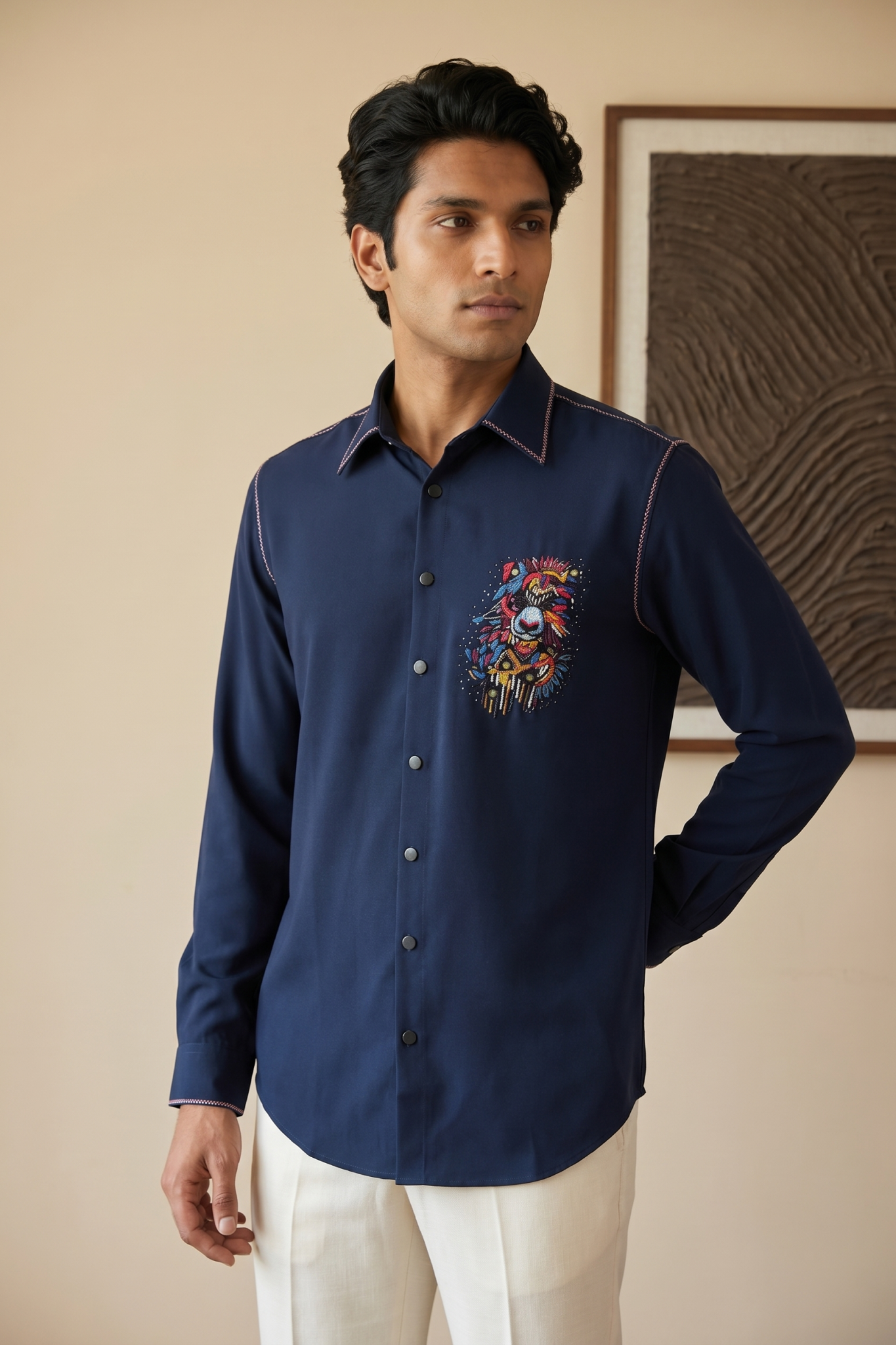 Navy Blue Bom Mario Shirt with Moti, Cutdana, Embroidery & Mirror Work