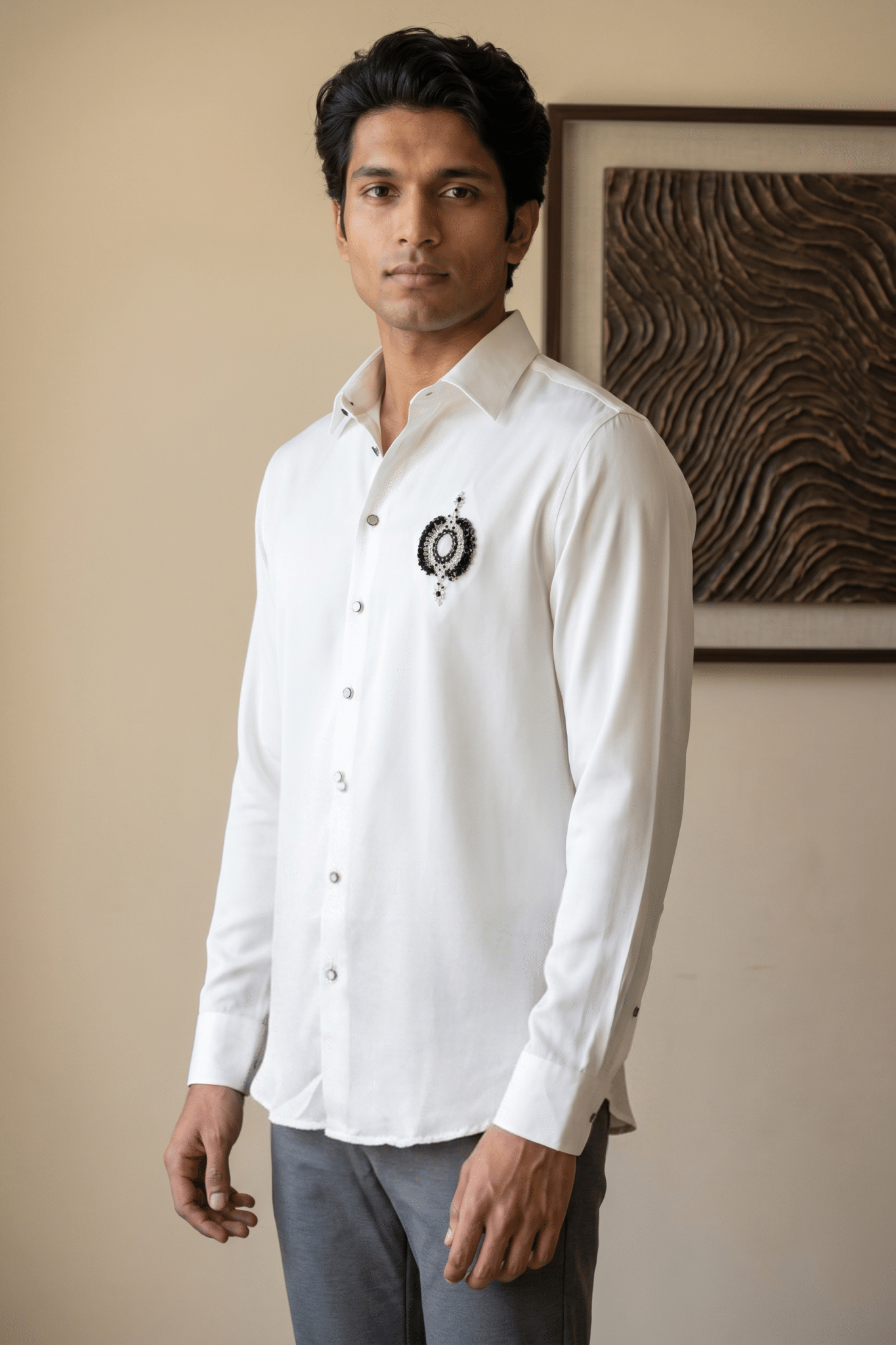 White Bom Mario Shirt with Bead Work