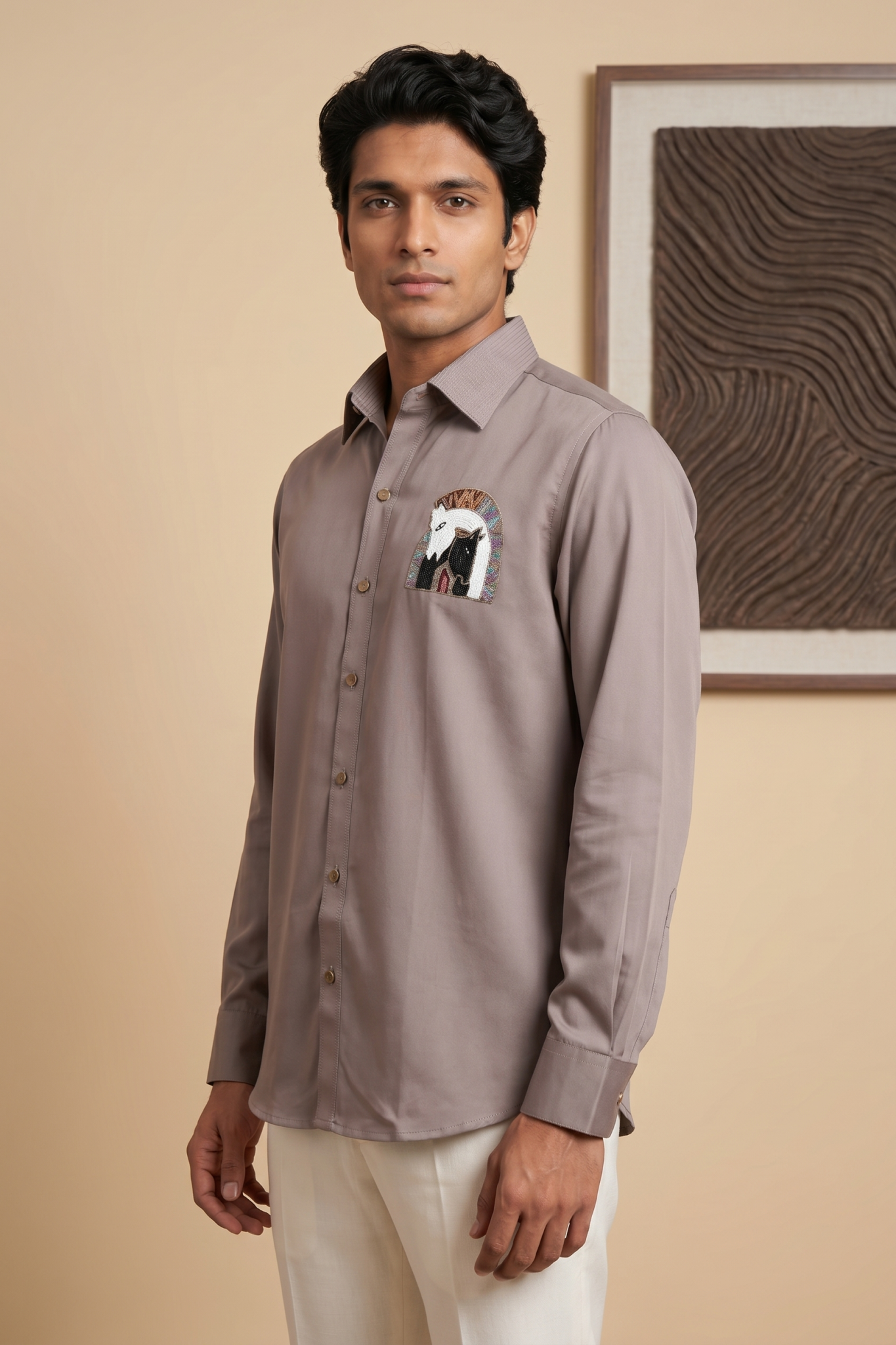 Khaki Bom Mario Shirt with Moti & Thread Embroidery Work