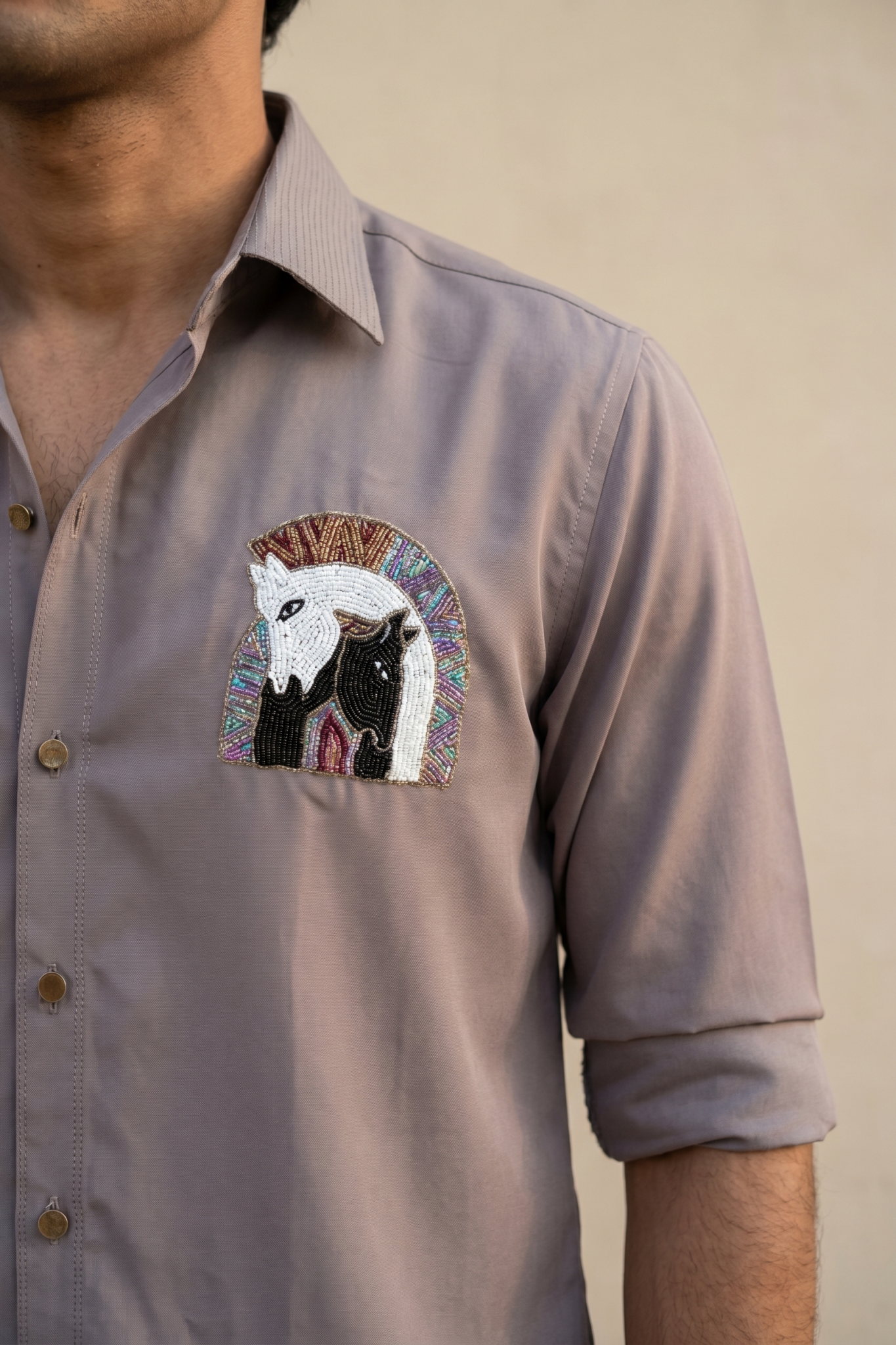 Khaki Bom Mario Shirt with Moti & Thread Embroidery Work
