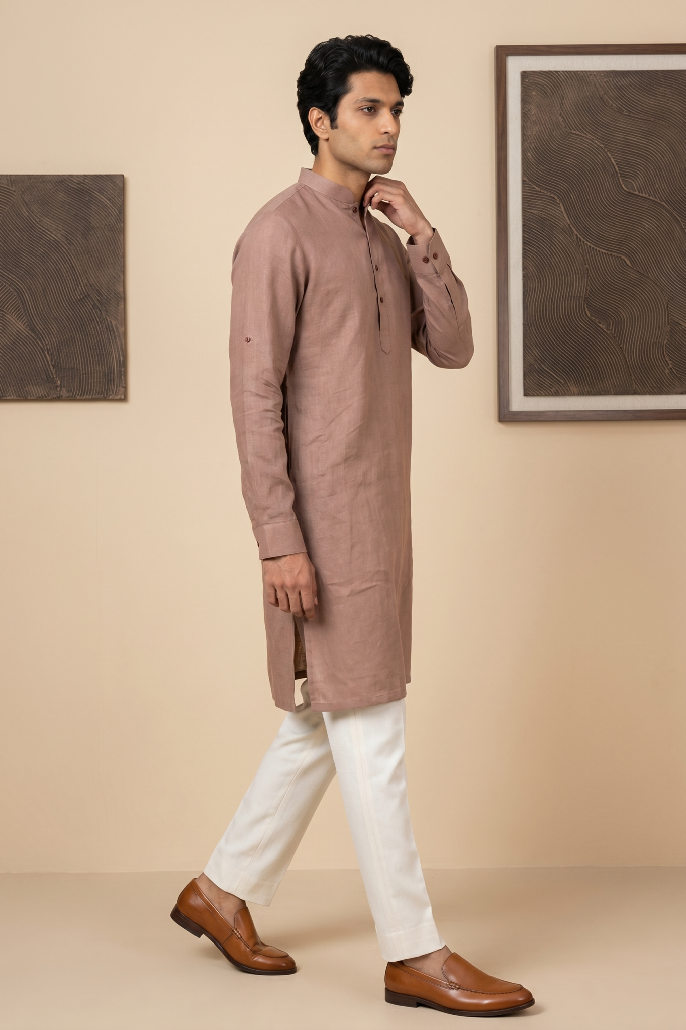 Peach Linen Kurta Set