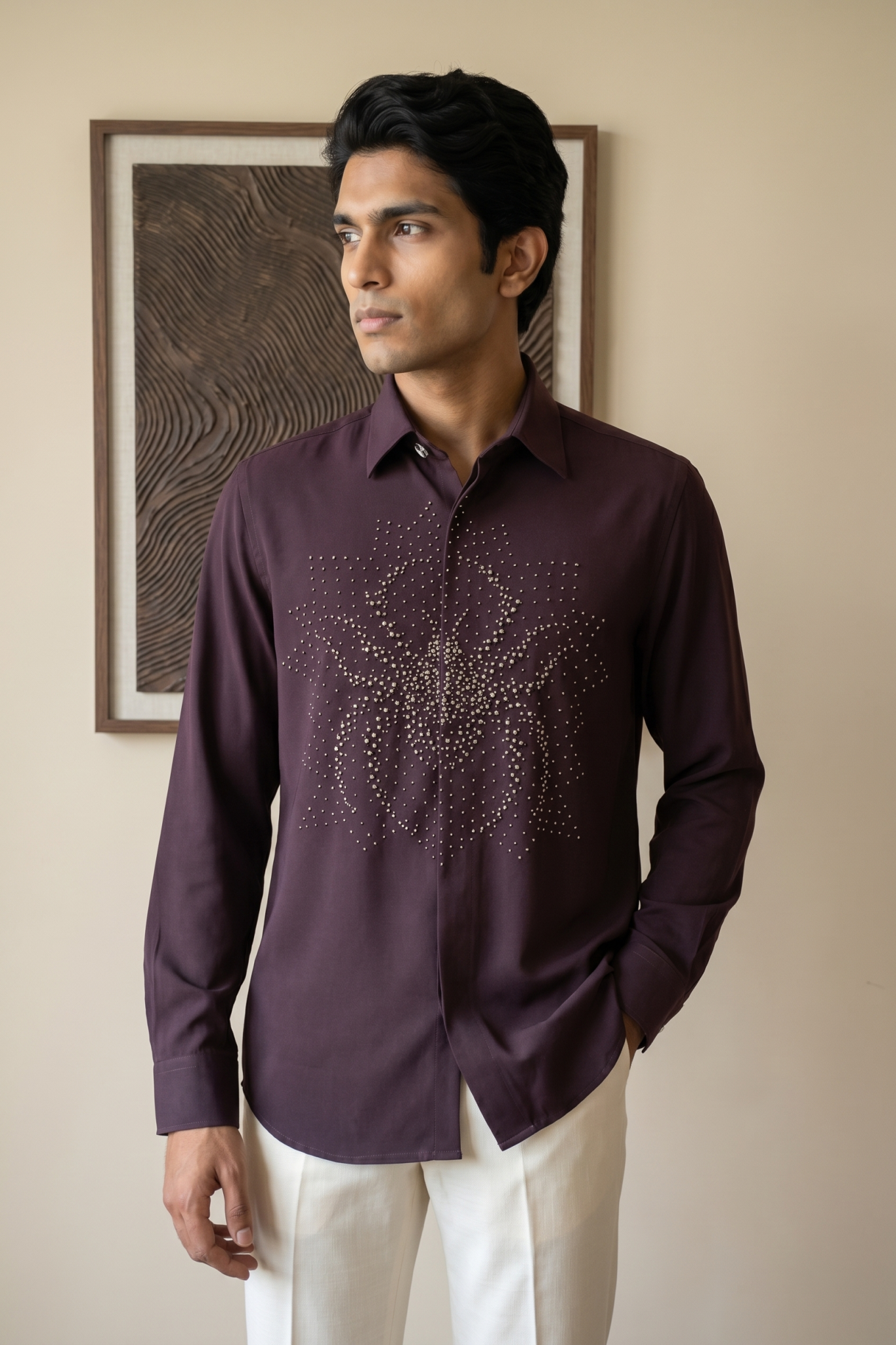 Wine Bom Mario Shirt with Moti Work