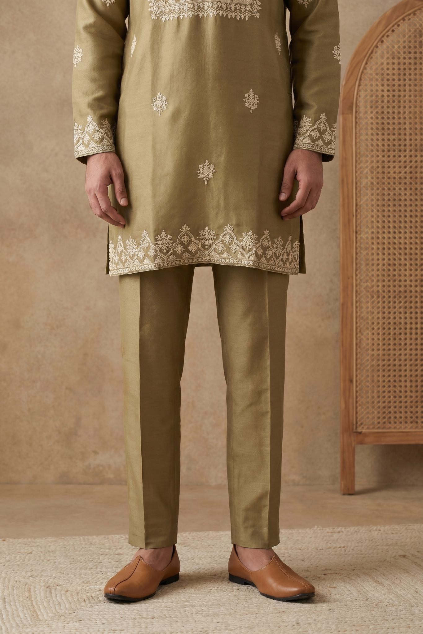 Gold Chanderi Silk Kurta Set with Zari and Thread Embroidery