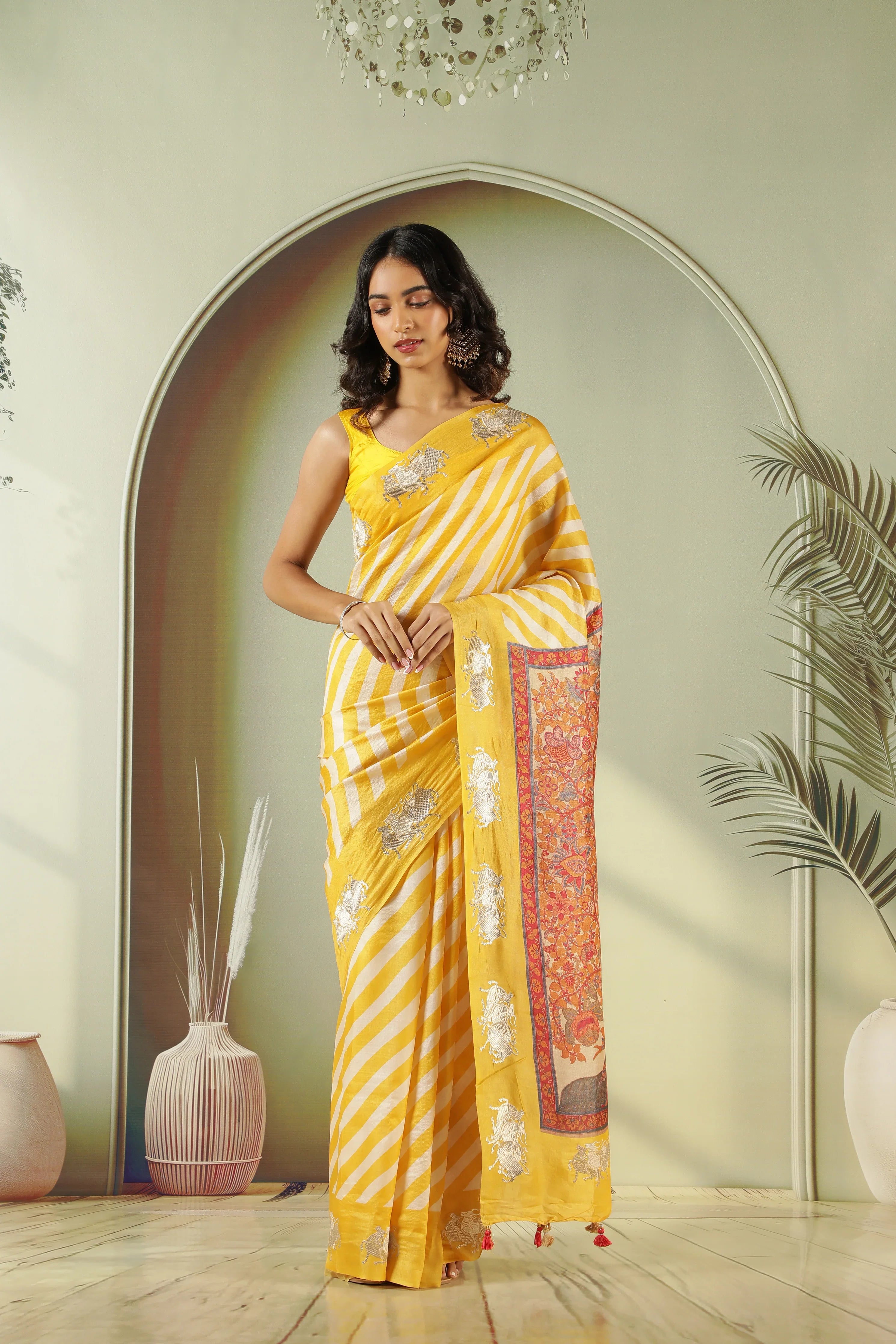 Yellow Off White Tussar Silk Saree with Zari Butta - Mokshaa