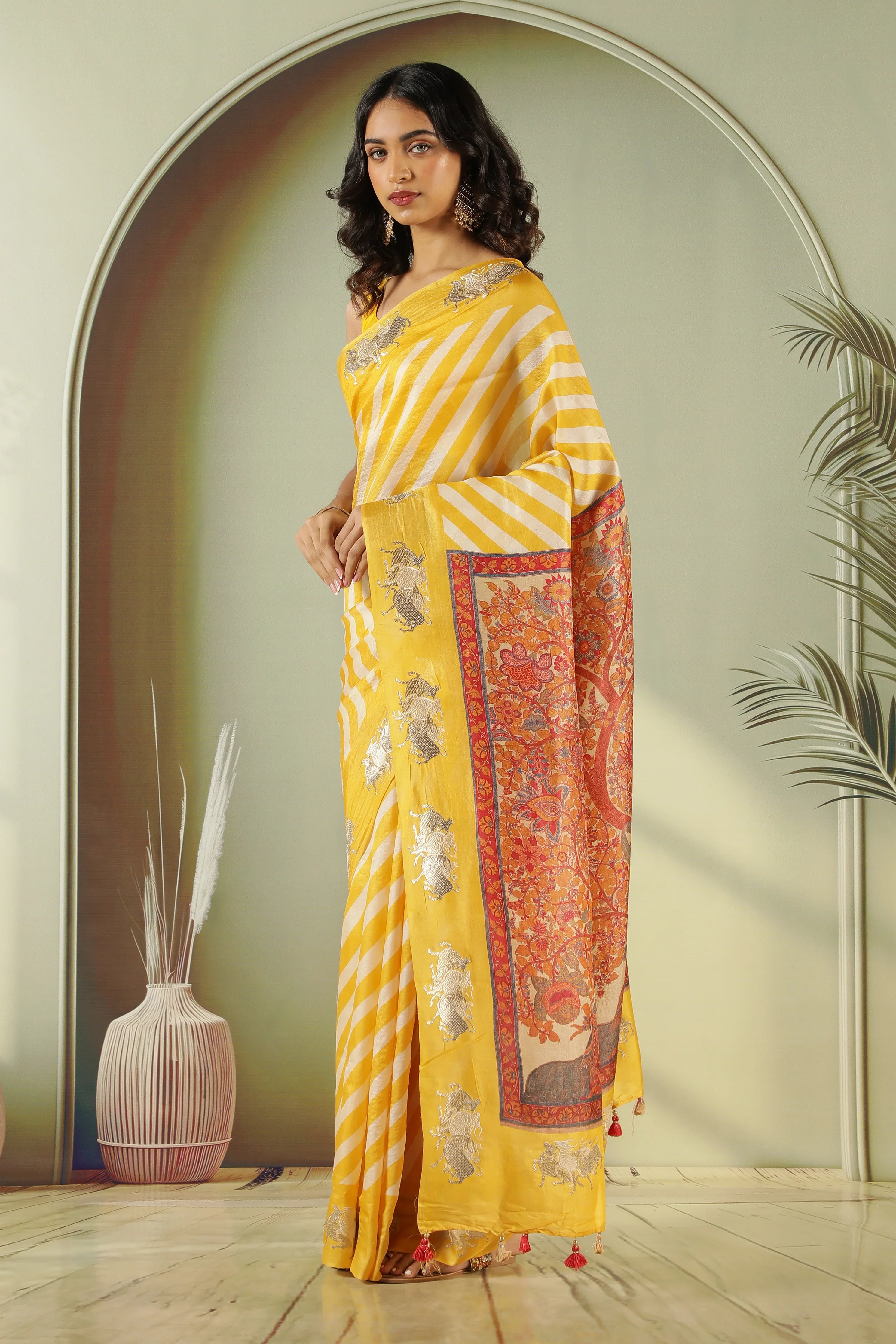 Yellow Off White Tussar Silk Saree with Zari Butta - Mokshaa
