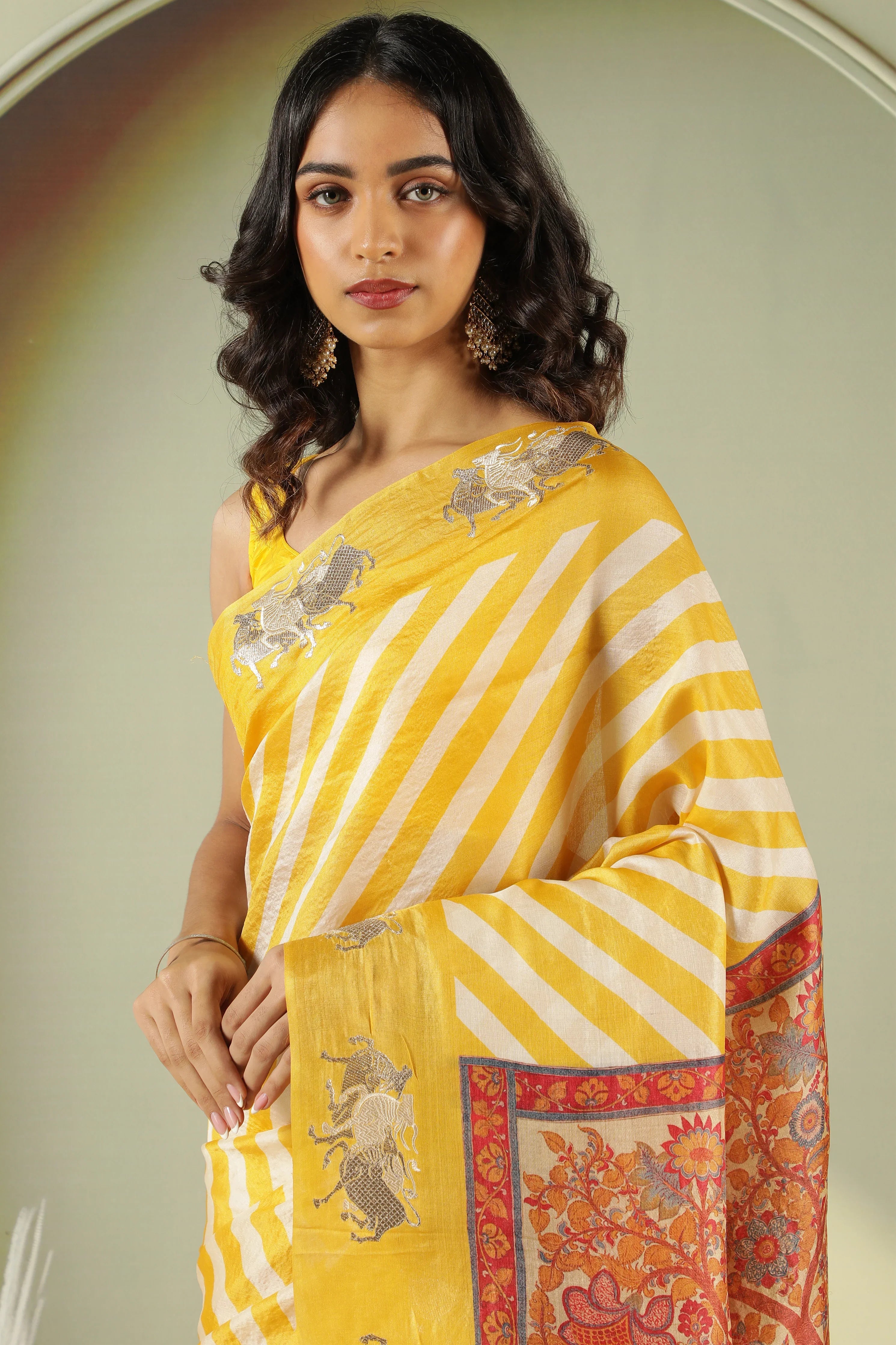 Yellow Off White Tussar Silk Saree with Zari Butta - Mokshaa