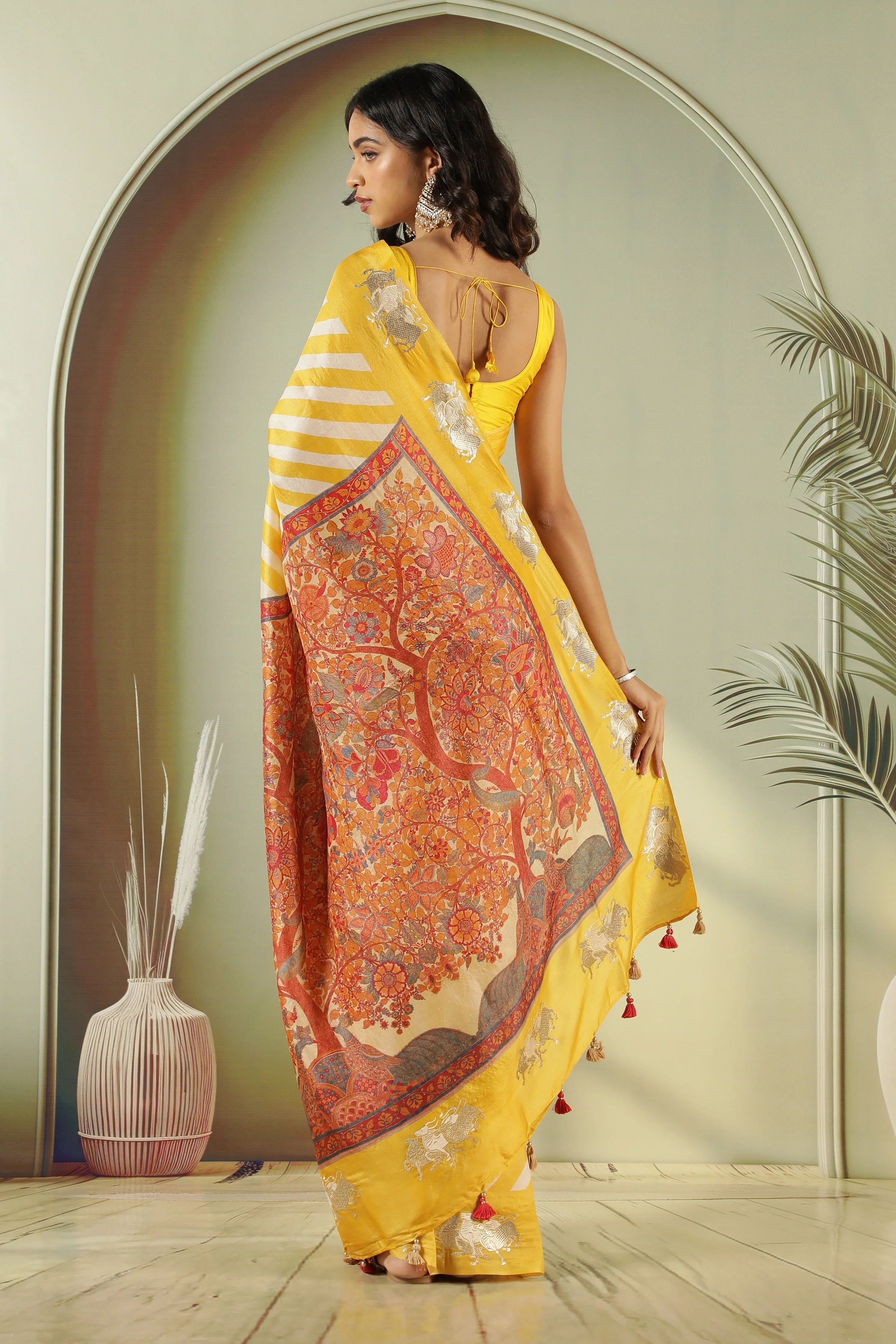Yellow Off White Tussar Silk Saree with Zari Butta - Mokshaa