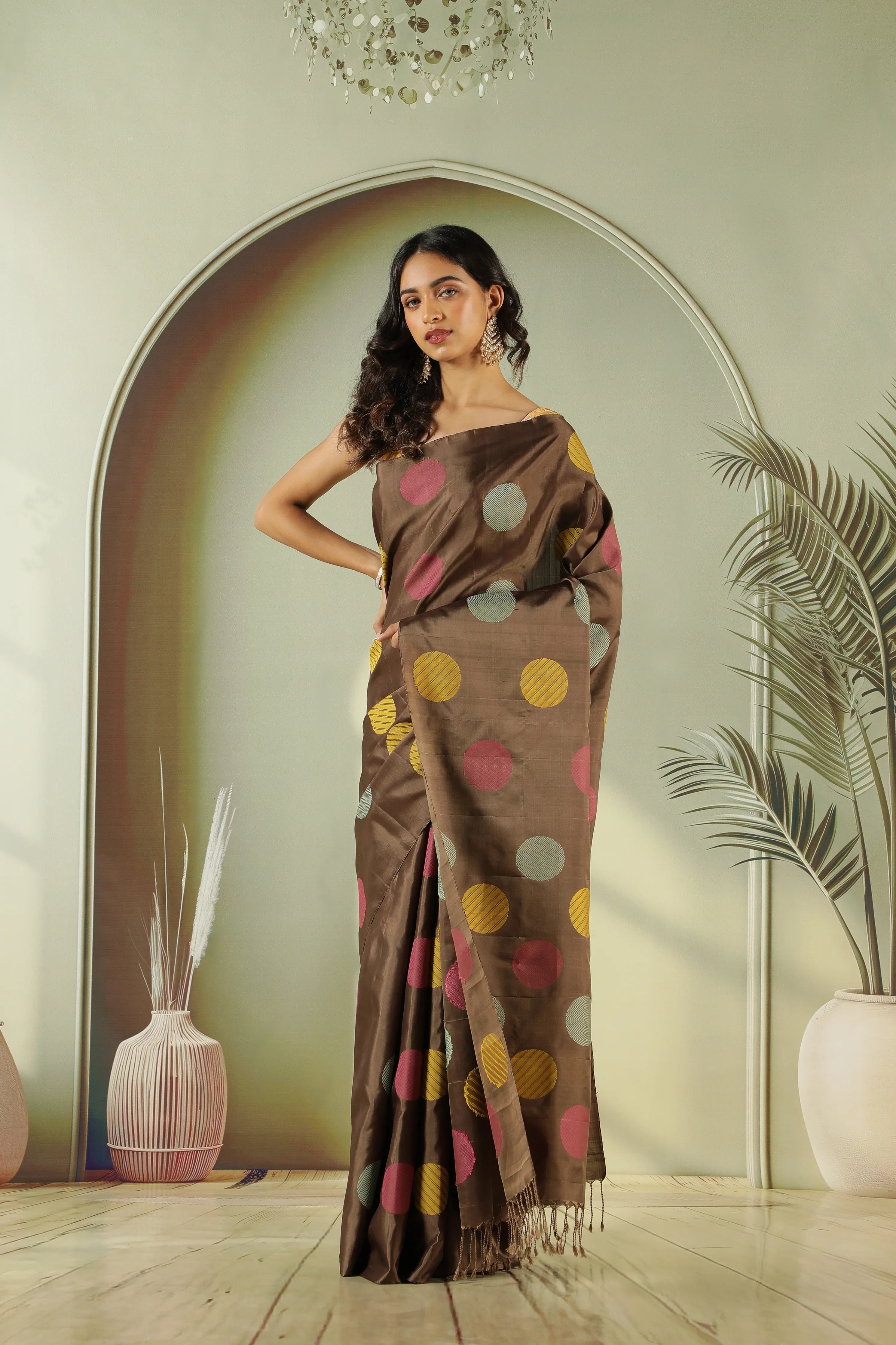 Brown Soft Silk Saree with Multi-Color Coin Butta - Mokshaa