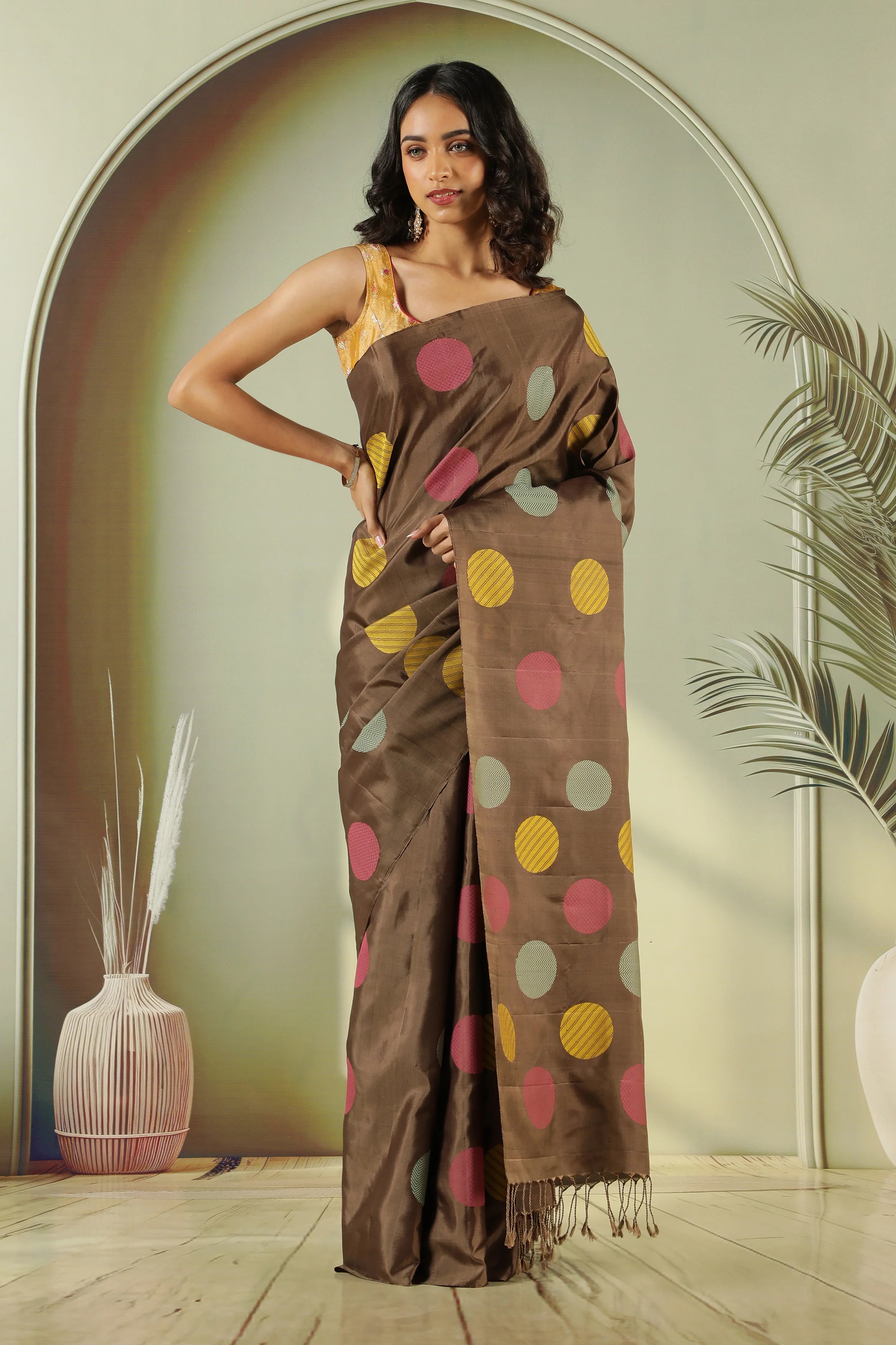 Brown Soft Silk Saree with Multi-Color Coin Butta - Mokshaa