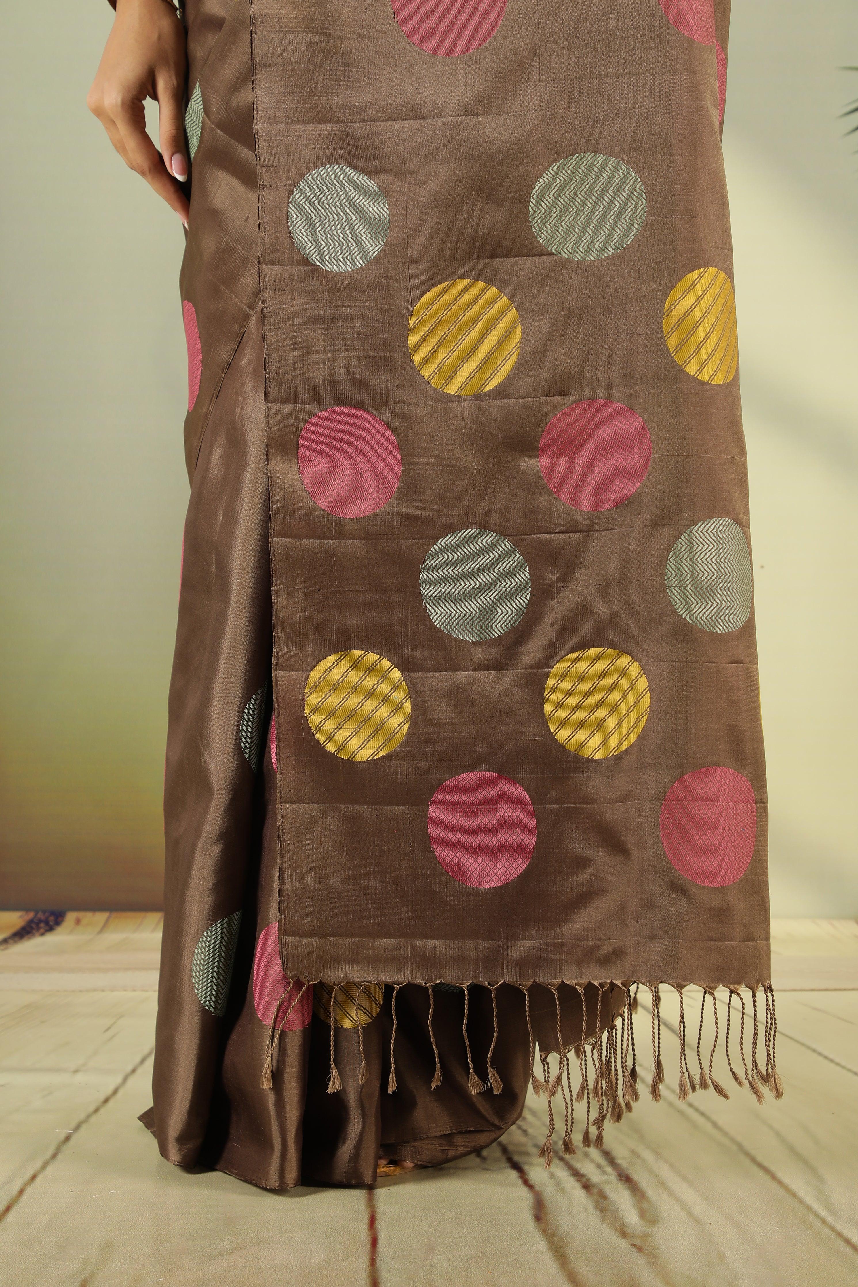 Brown Soft Silk Saree with Multi-Color Coin Butta - Mokshaa