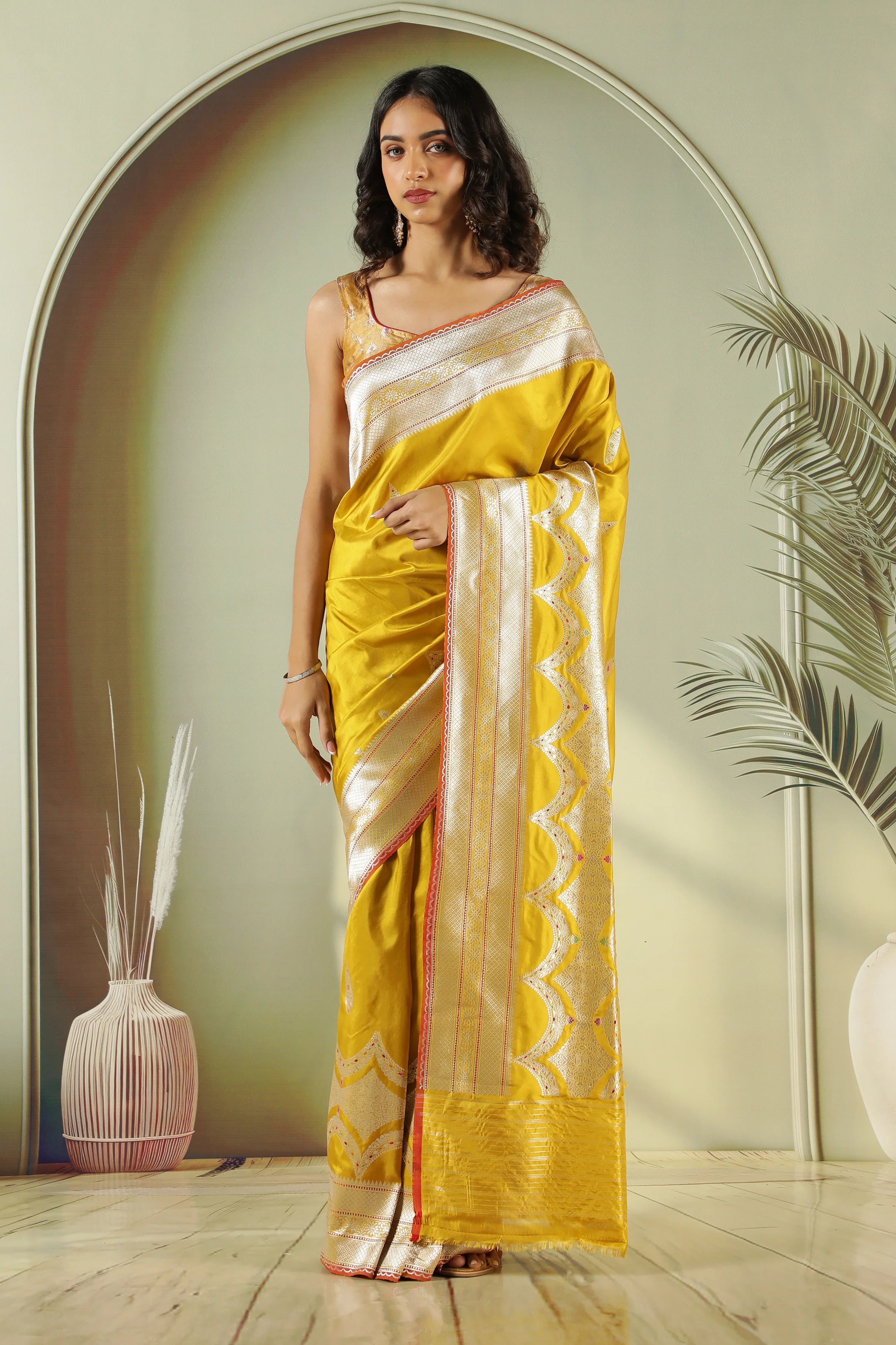 Mustard Banarasi Silk Saree with Fancy Butti & Contrast Blouse - Mokshaa