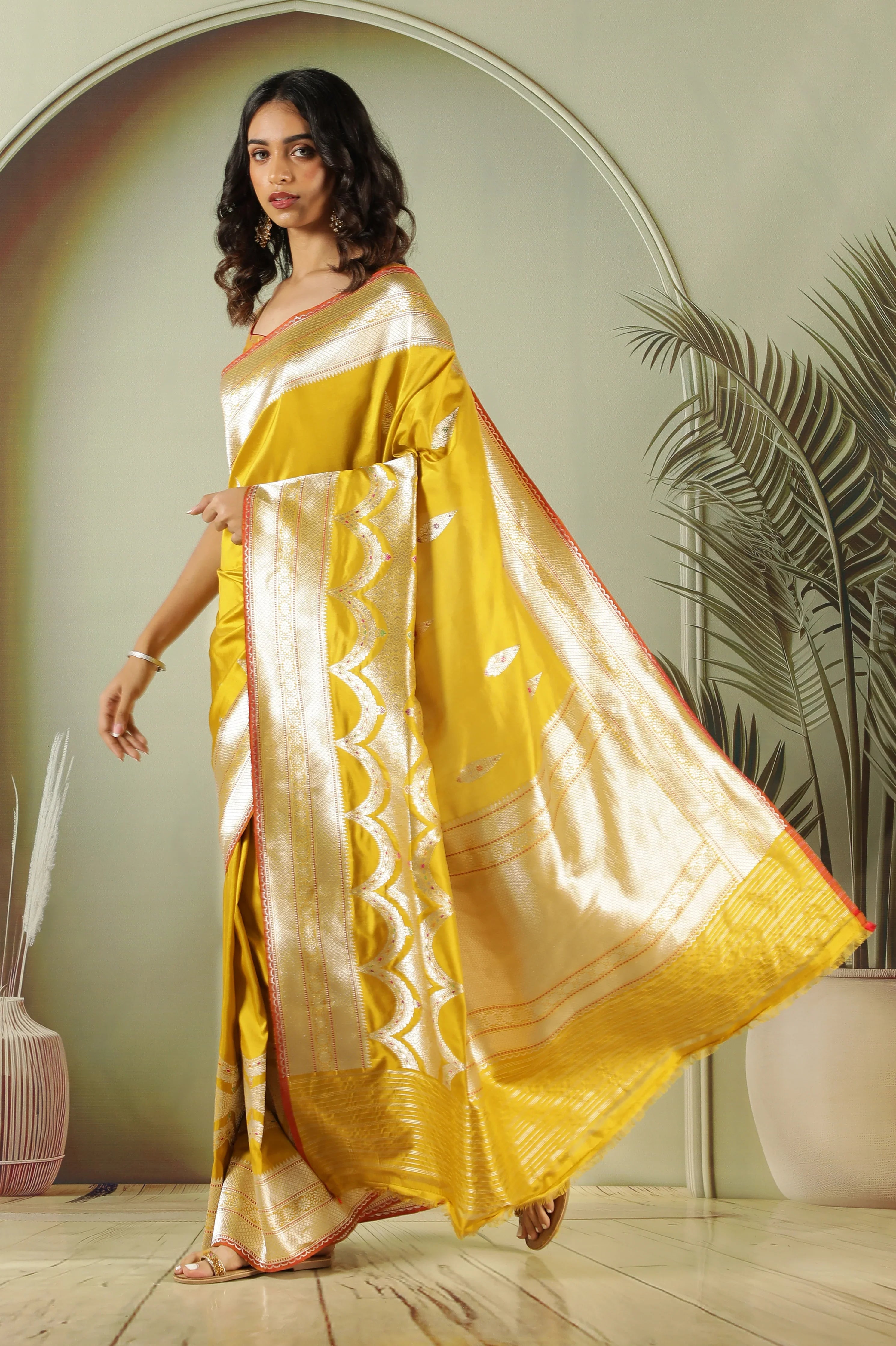 Mustard Banarasi Silk Saree with Fancy Butti & Contrast Blouse - Mokshaa