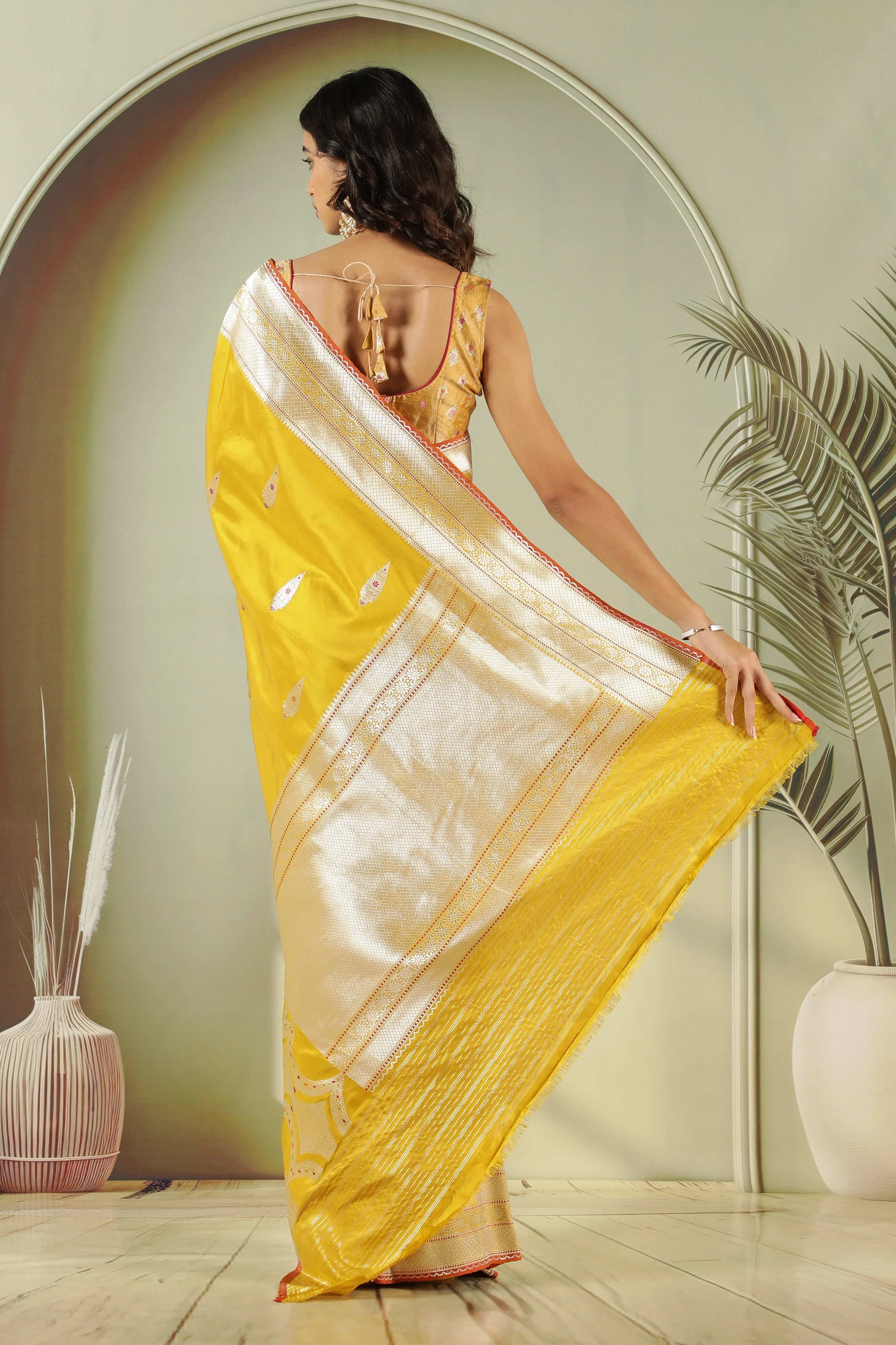 Mustard Banarasi Silk Saree with Fancy Butti & Contrast Blouse - Mokshaa