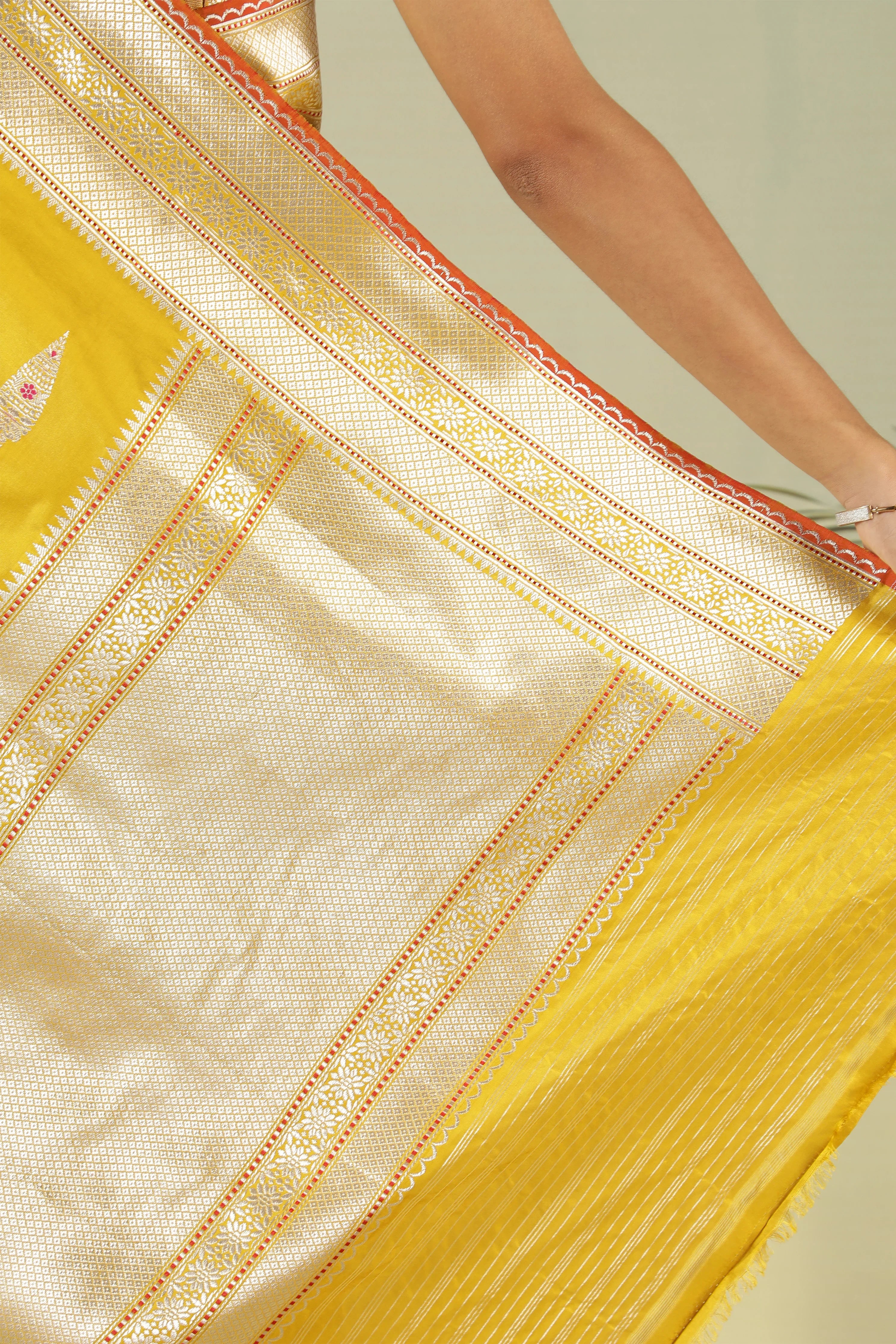 Mustard Banarasi Silk Saree with Fancy Butti & Contrast Blouse - Mokshaa