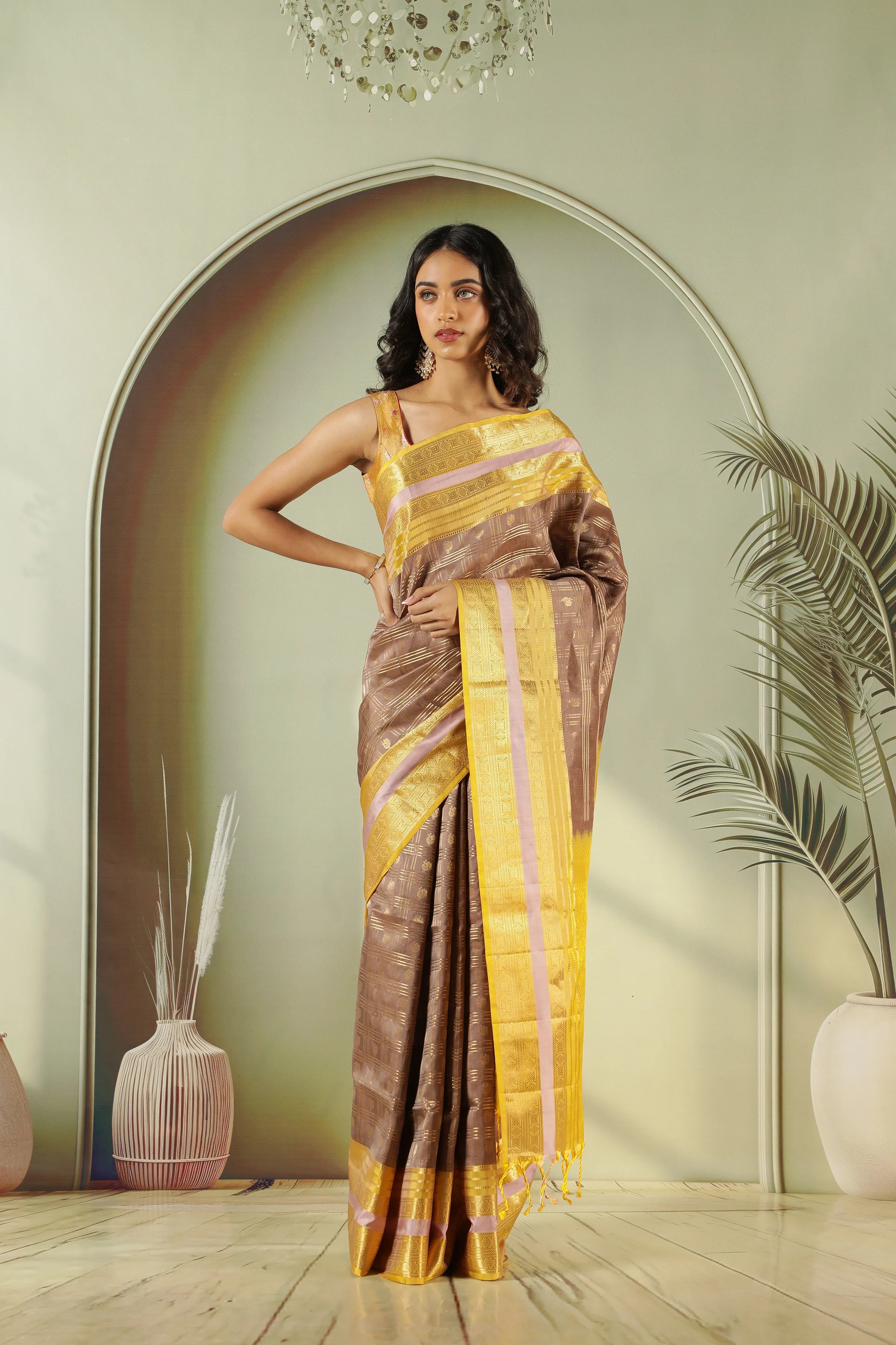 Light Brown Soft Silk Saree with Contrast Yellow Pallu - Mokshaa