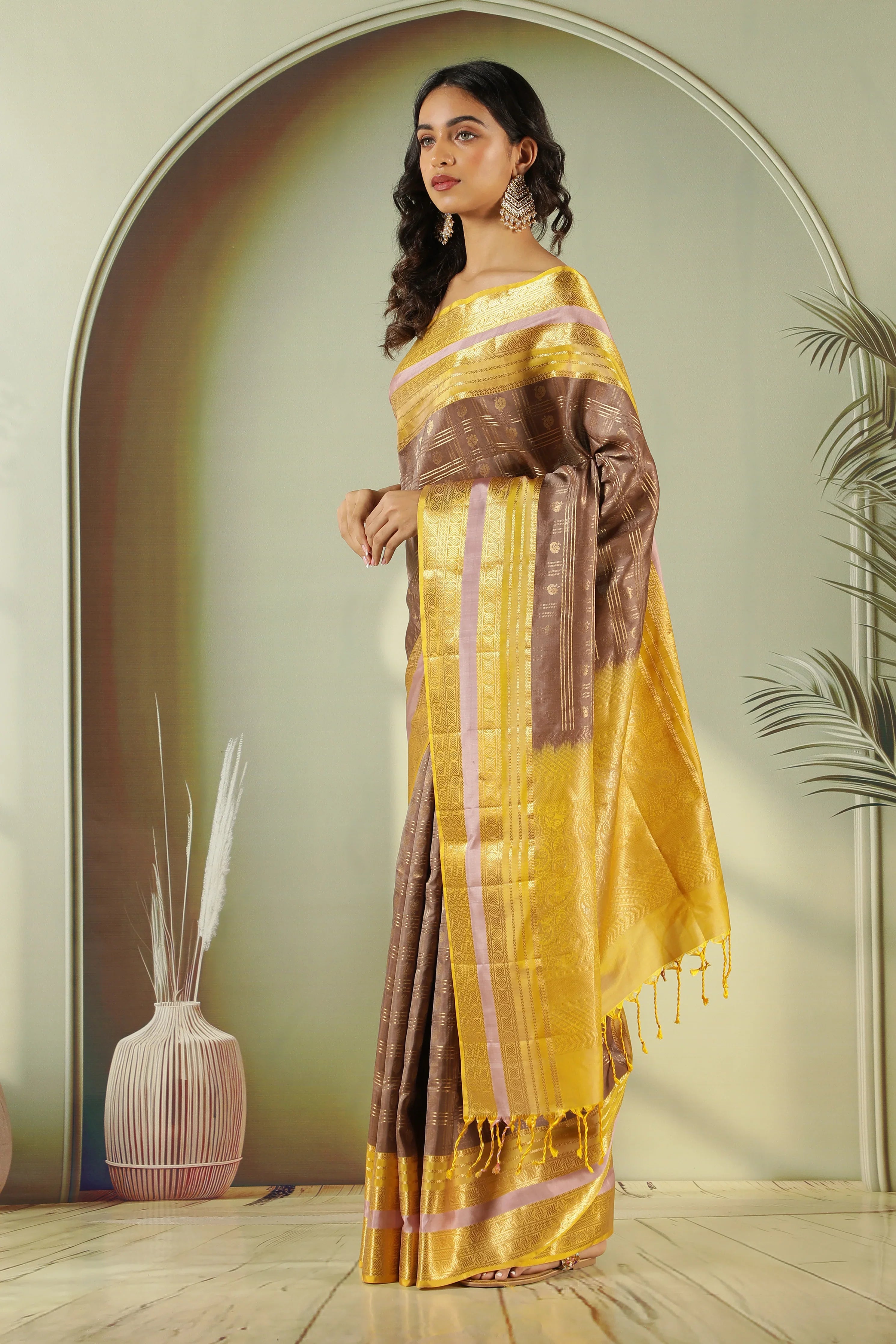 Light Brown Soft Silk Saree with Contrast Yellow Pallu - Mokshaa