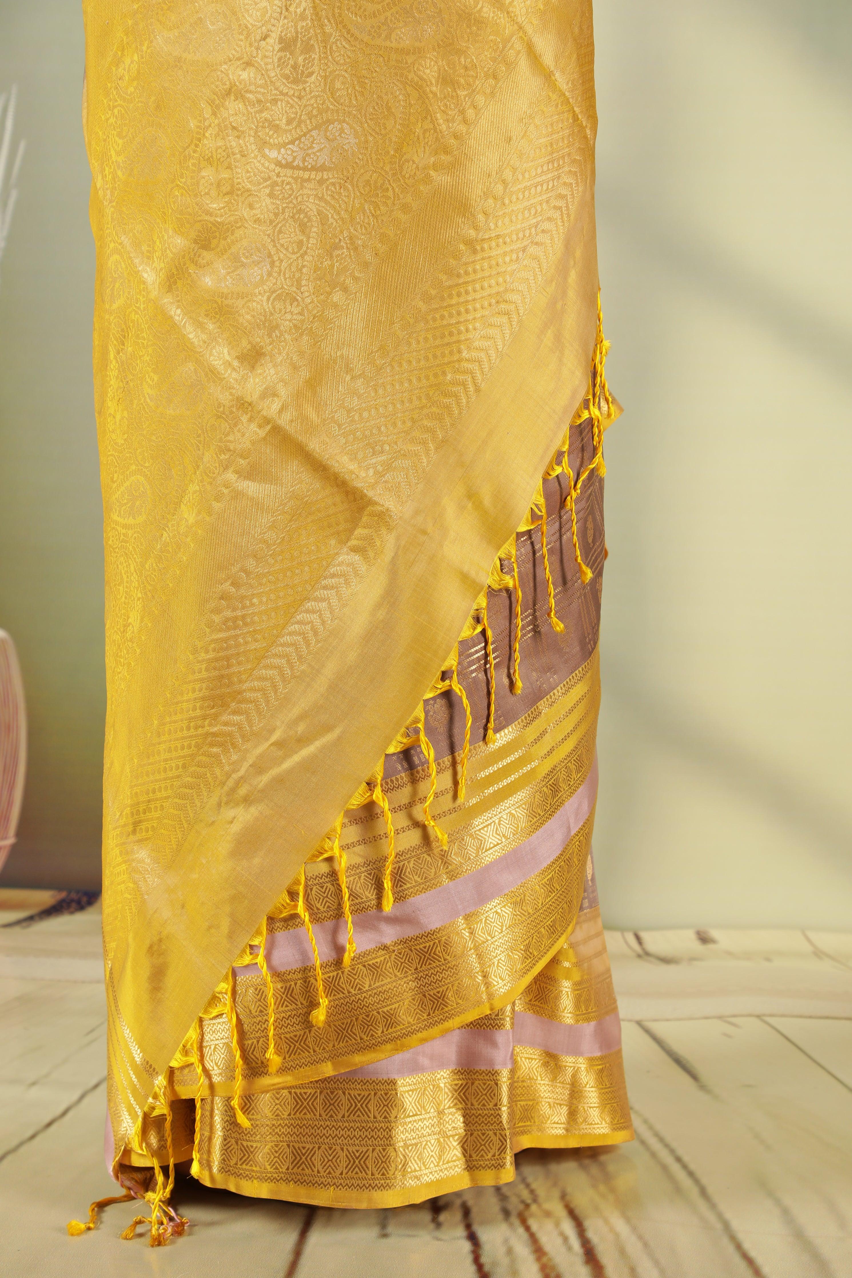 Light Brown Soft Silk Saree with Contrast Yellow Pallu - Mokshaa